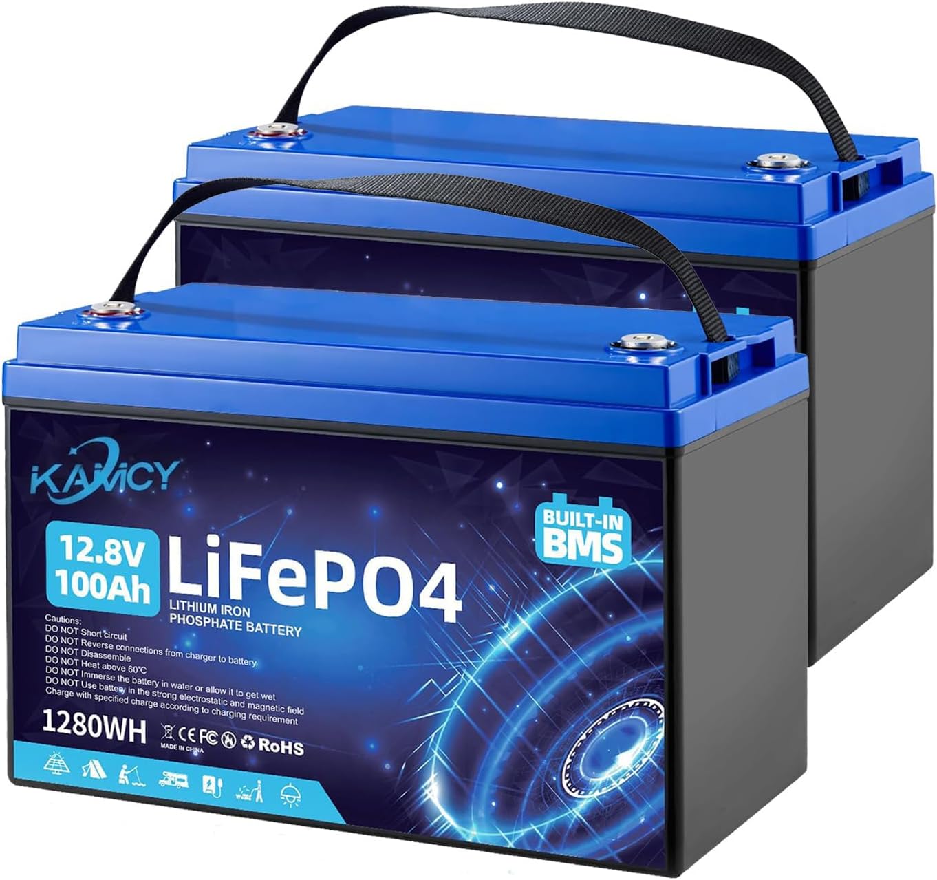 12V 100Ah LiFePO4 Batterie,Lithium Batterie 100A BMS mit 15000 tiefen Zyklen,Max 1280W Leistung Lithium Akku,für Wohnmobil,Solaranlage,Boot Haushalt,Camping (2 Stück 12.8V 100Ah)