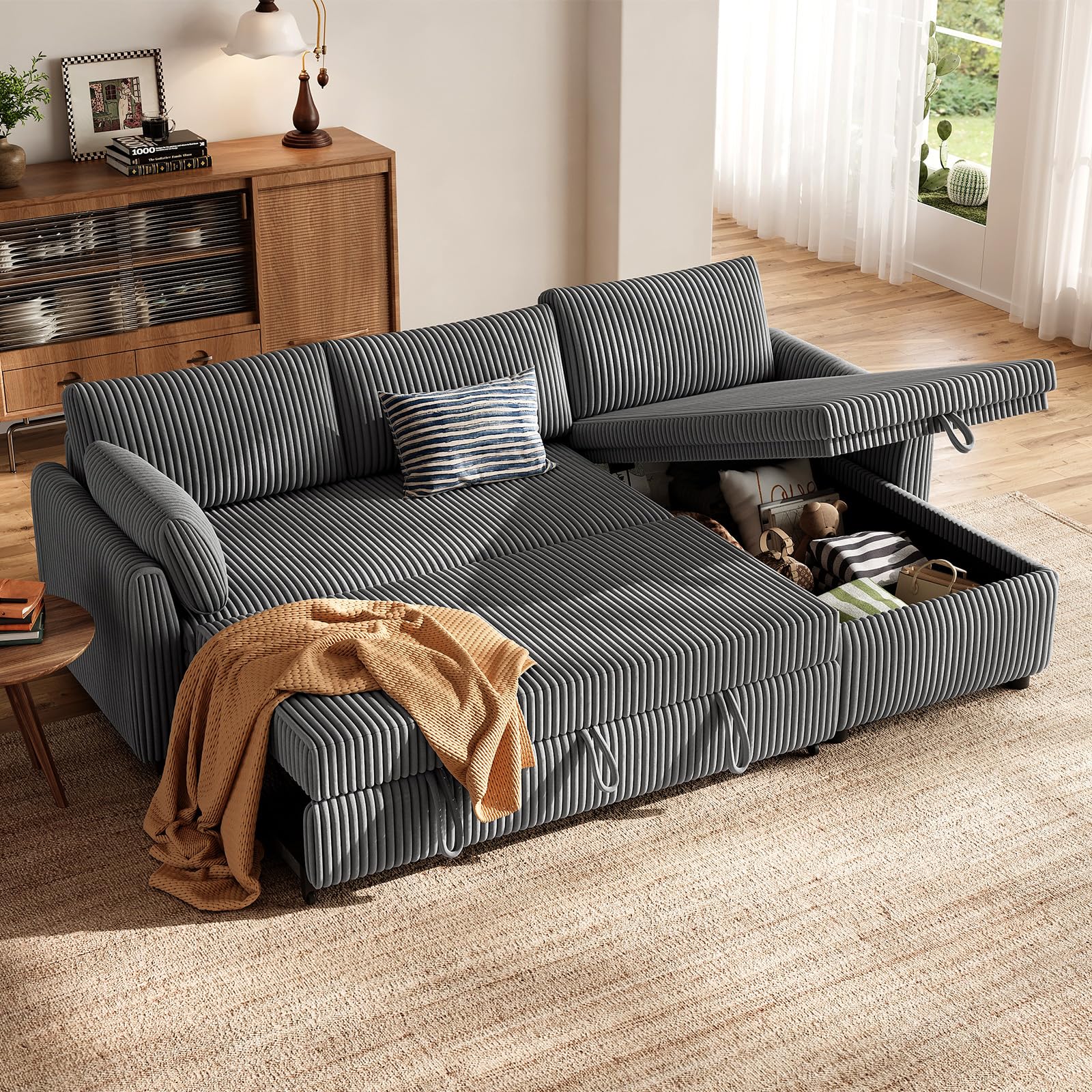 Ecksofa mit Schlaffunktion in L-Form aus Cord, Steingrau, 209 cm breit, mit Stauraum