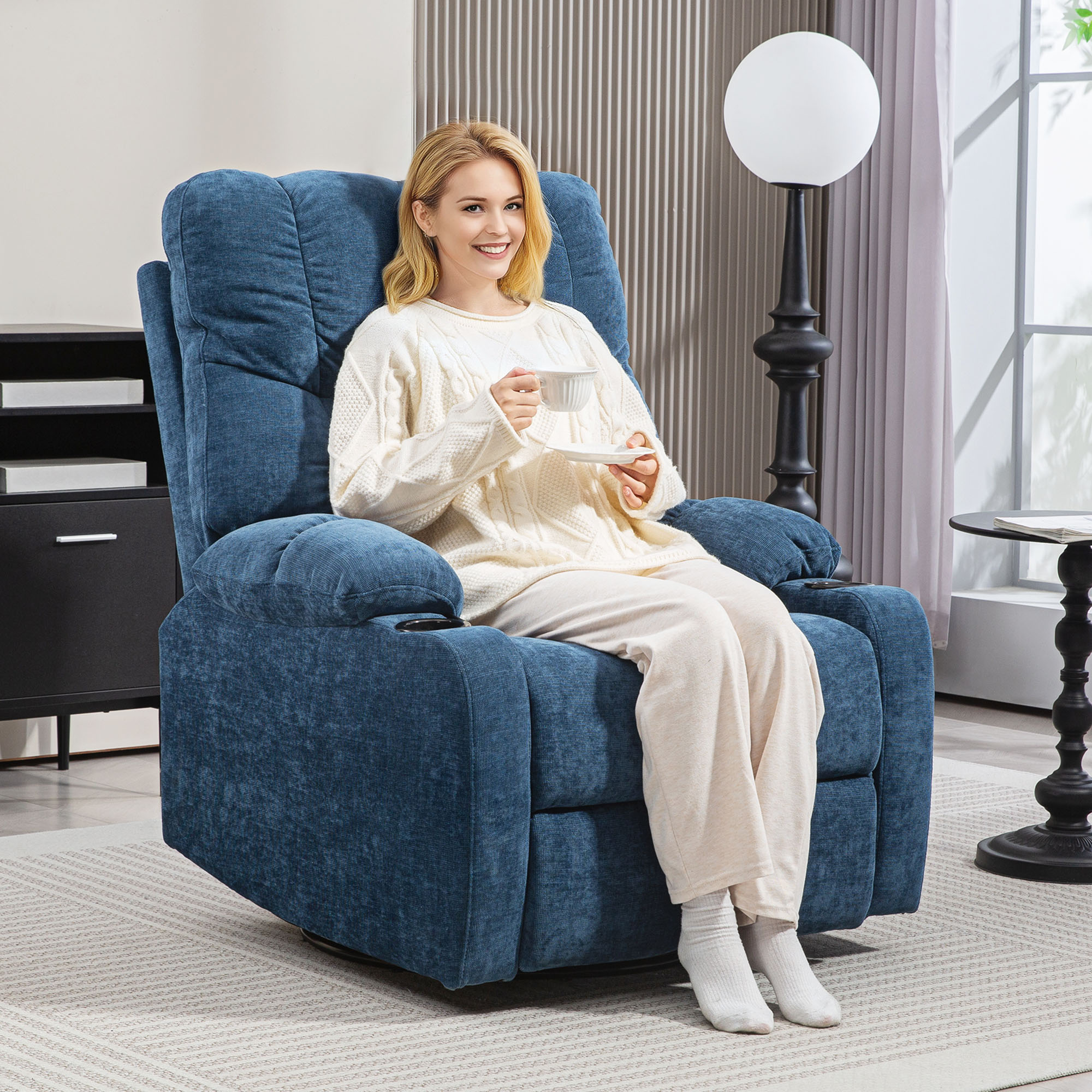 HOMCOM Relaxsessel mit Fußstütze, Liegesessel, drehbar, bis 150 kg, Stahlrahmen, 88x96x108cm, Dunkelblau