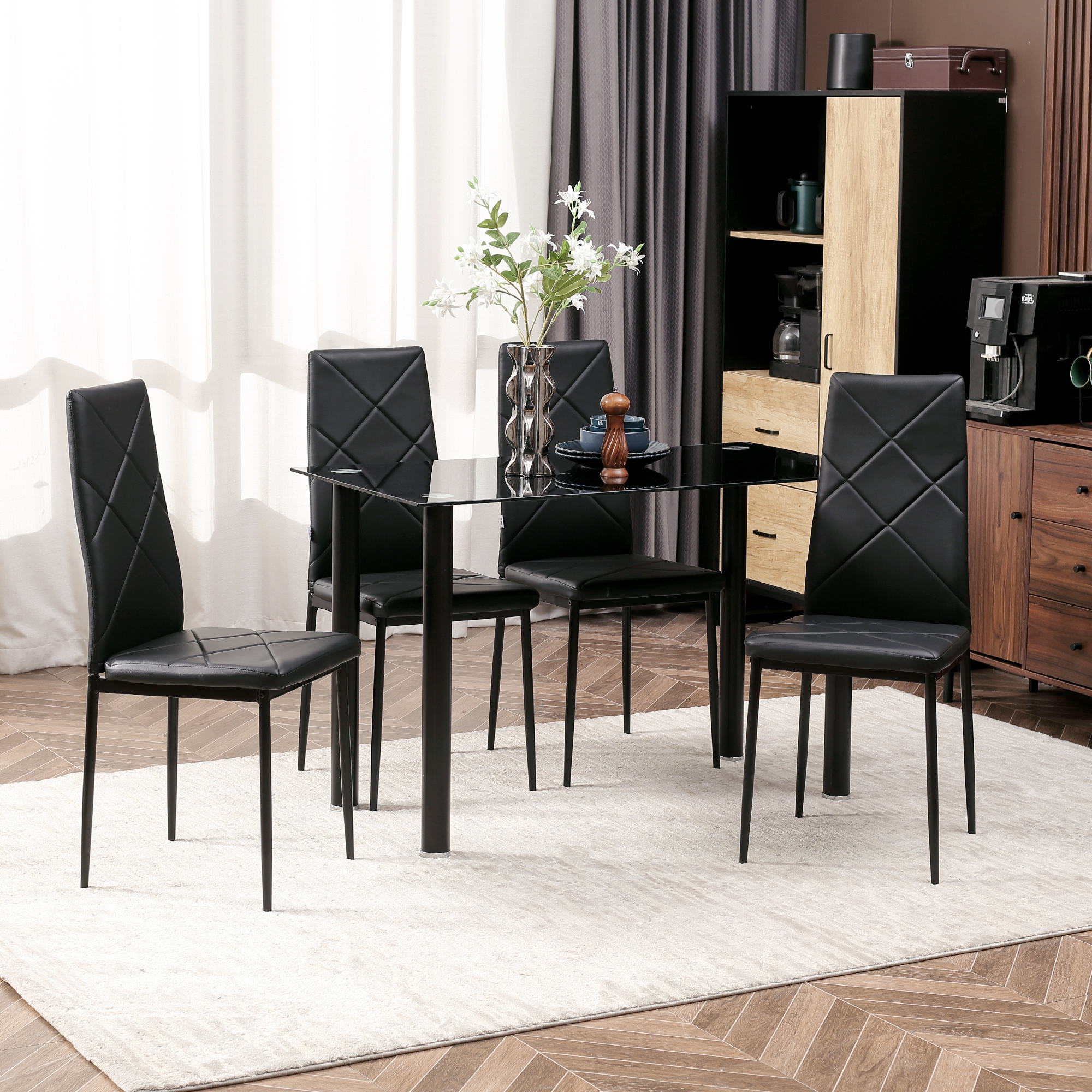 HOMCOM Esstisch-Set mit 4 Stühlen gehärtete Glasplatte, Stahlfüße, für Küche Wohnzimmer Schwarz