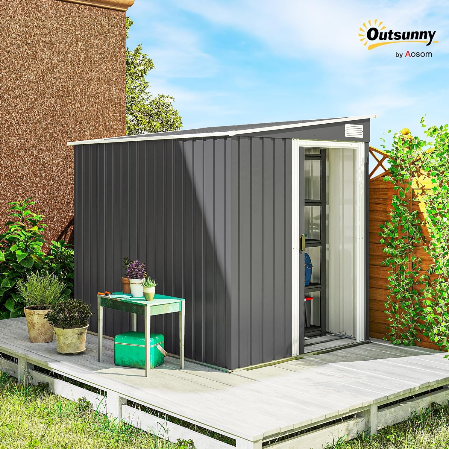 Outsunny Metall Gerätehaus 2,81m² 154x206,5x181 cm Geräteschuppen mit Pultdach Fundament Schiebetür wetterfest Gartenhaus Outdoor Garten Schuppen Schrank für Hinterhof Außenbereich Dunkelgrau