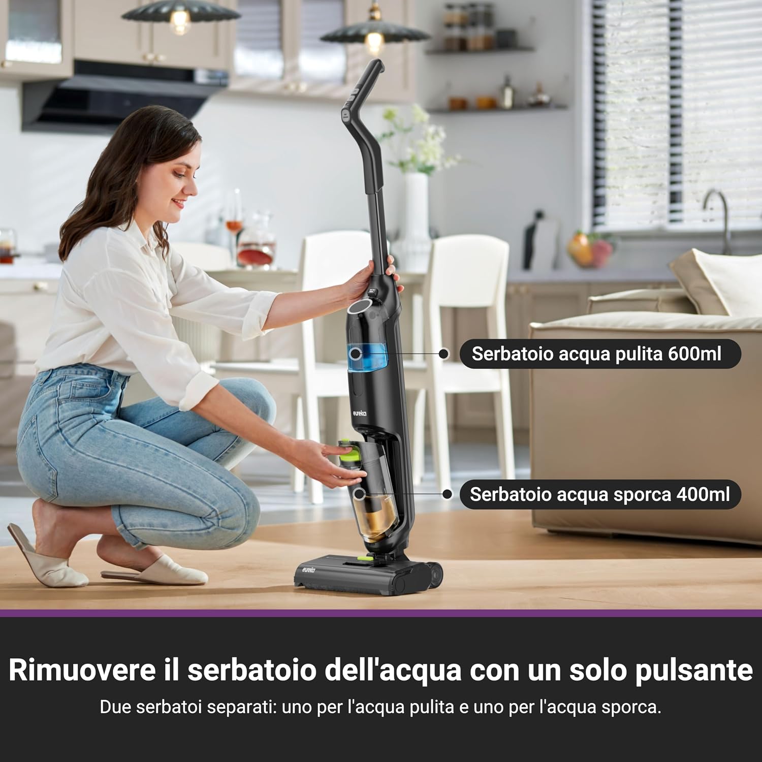 EUREKA NEW400 Lavapavimenti Senza Fili, Aspira e Lava in un Passaggio, 3,95kg Ultraleggero, Autopropulsione, 600ml+400ml Doppio Serbatoio, Batteria 2500mAh×6, Pavimento Asciutto 90%