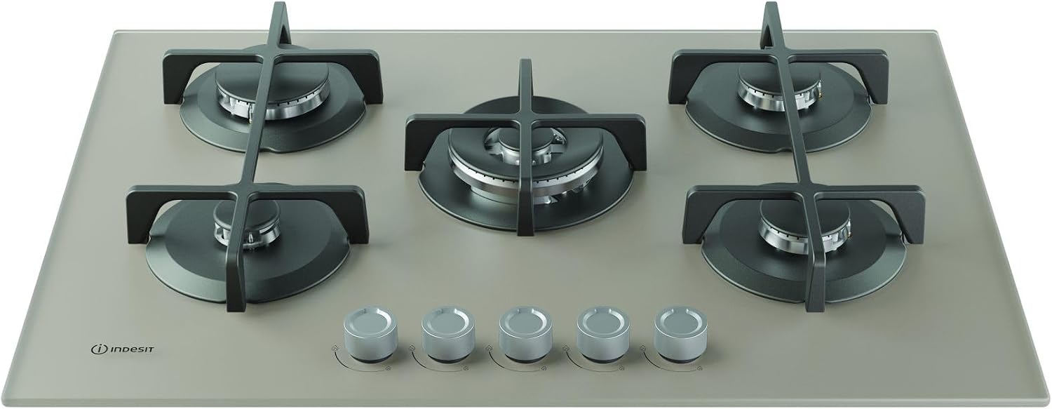 Indesit ING 72T/TD 1 piano gas vetro tortora 75cm 5 fuochi bruciatore doppia corona griglie in ghisa lavabili in lavastoviglie