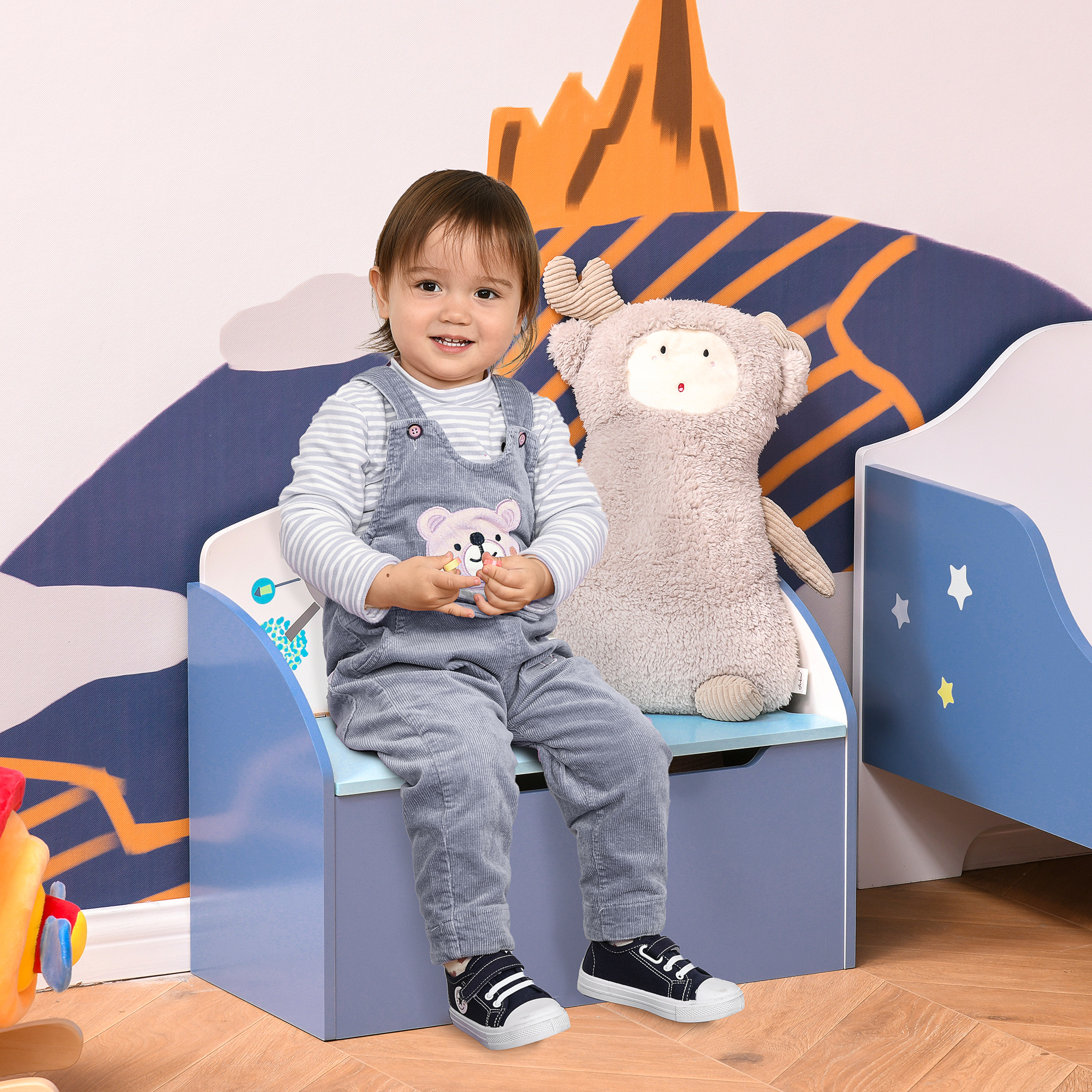 HOMCOM Spielzeugkiste mit Sitzbank 2 in 1 aus Holz, Spielzeugtruhe mit Rückenlehne für Kinder von 3-6 Jahren, 60x30x50 cm, Blau