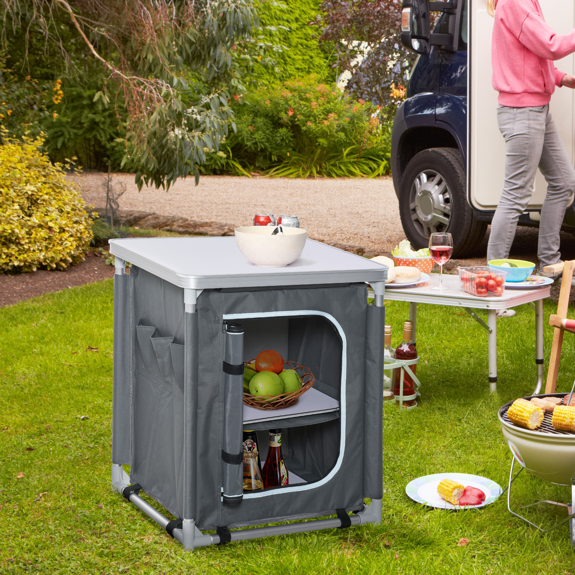 Outsunny Klappbarer Campingküchenschrank mit 2 Regalen und Transporttasche, Aluminium und Oxford-Gewebe 60x49x70cm Grau