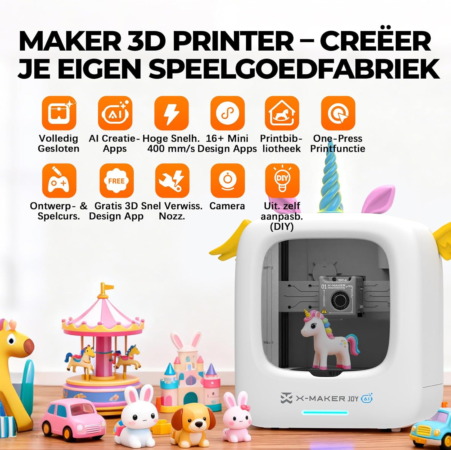 KI-gestützter 3D-Drucker für Kinder, 3D-Drucker mit 8 PLA-Filament-Set, KI Design-App, umfangreiche Sammlung an 3D-Spielzeugvorlagen,mit 16+ Mini-3D-Designmodulen, App-Steuerung