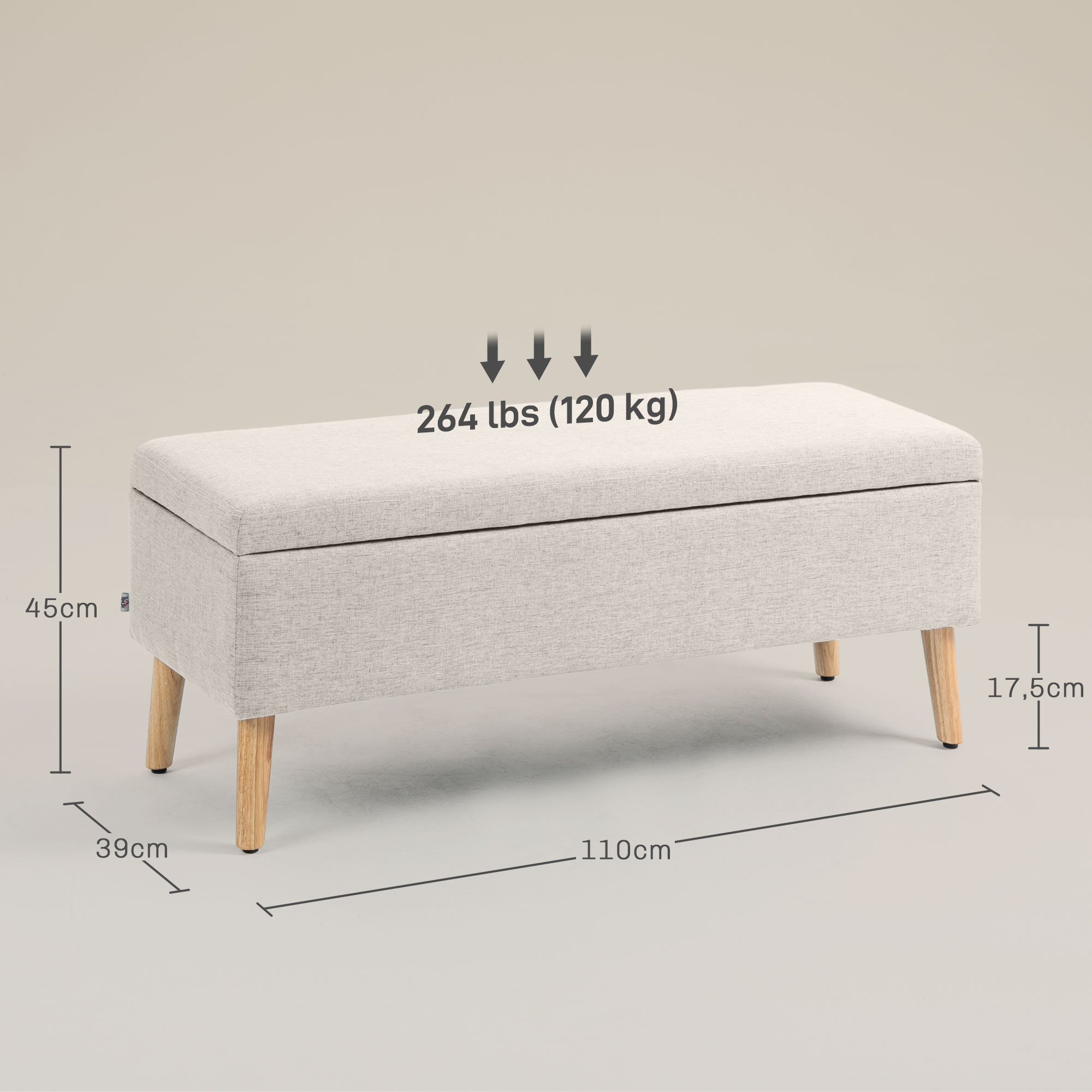 Opbergbank met Stauraum, tot 120 kg, Linnenlook, 110x39x45cm, Beige