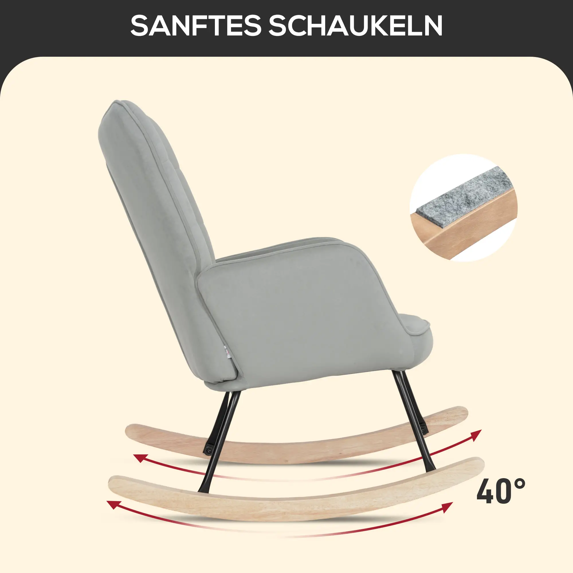 HOMCOM Schaukelstuhl mit Samtoptik & Holzkufen, Hellgrau