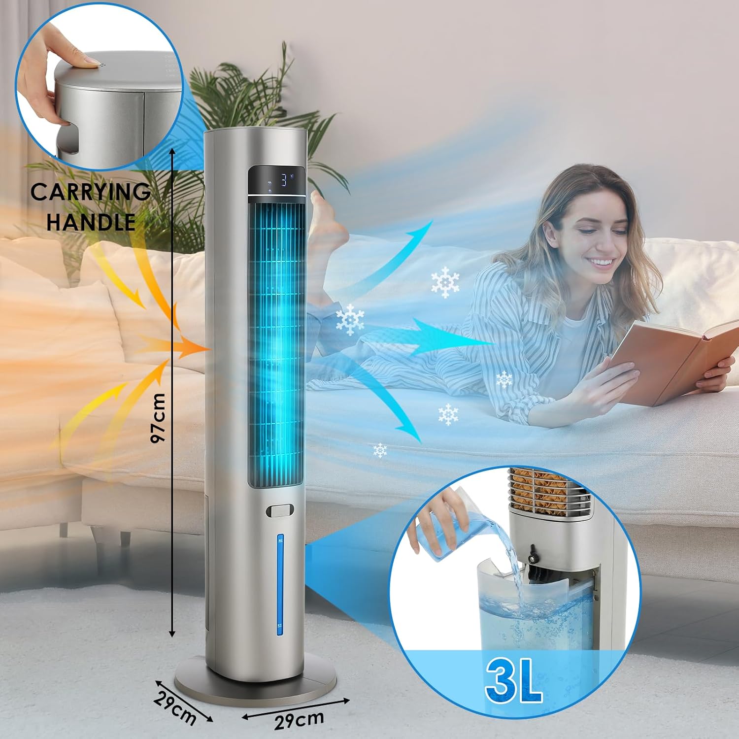 LIFERUN Turmventilator mit Aromadiffuser Fernbedienung 3-Stufen-Klimaanlage mit Wasserkühlung, 50° Oszillation 12h Timer und Schlafmodus für Büro/Zuhause Leiser Standventilator 6.5 m/s 4 Betriebsmodi