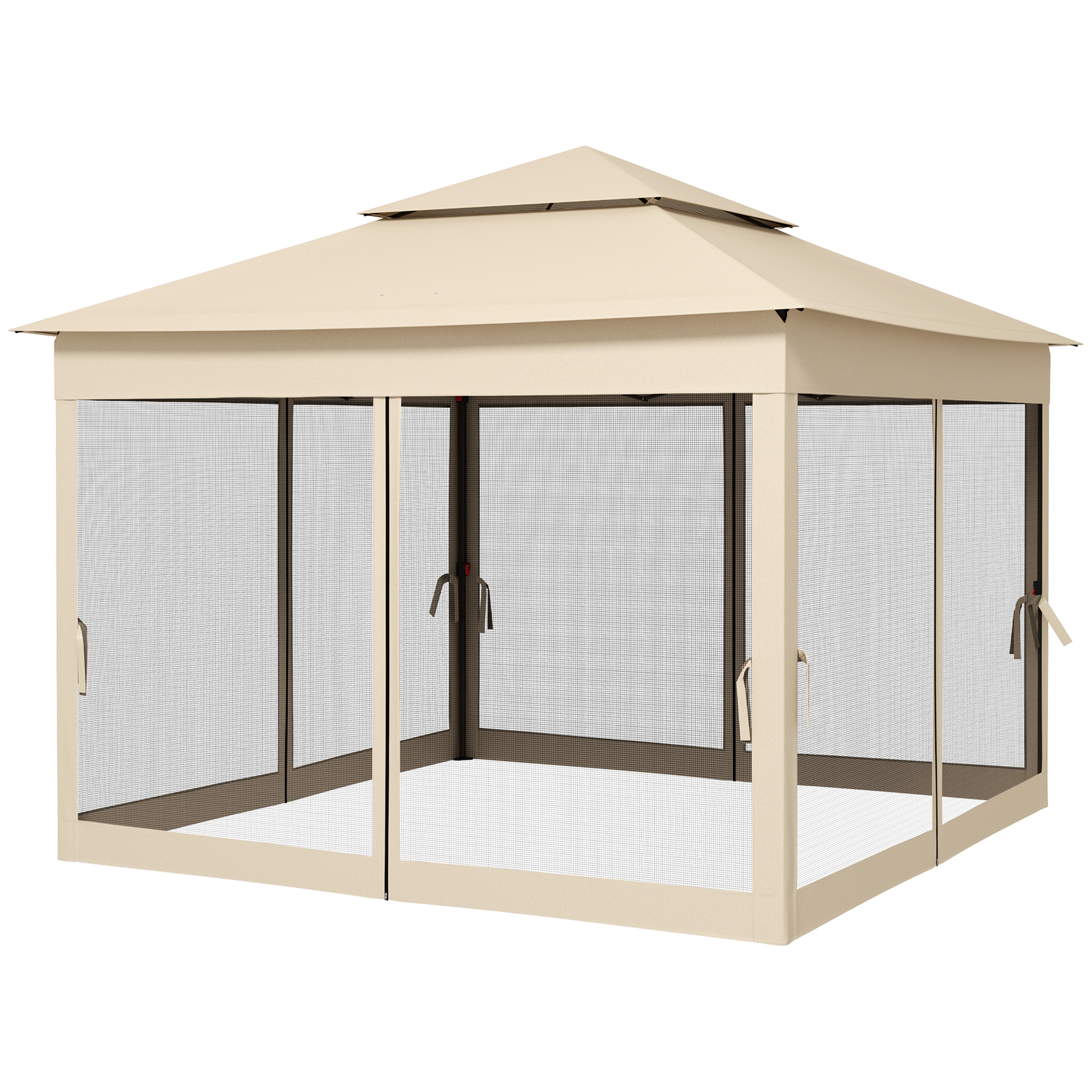 Outsunny Faltbarer Gartenpavillon Pop-up 3 x 3 m aus Metall Polyester, wasserdicht, UV-beständig, Moskitonetze, Transporttasche Creme