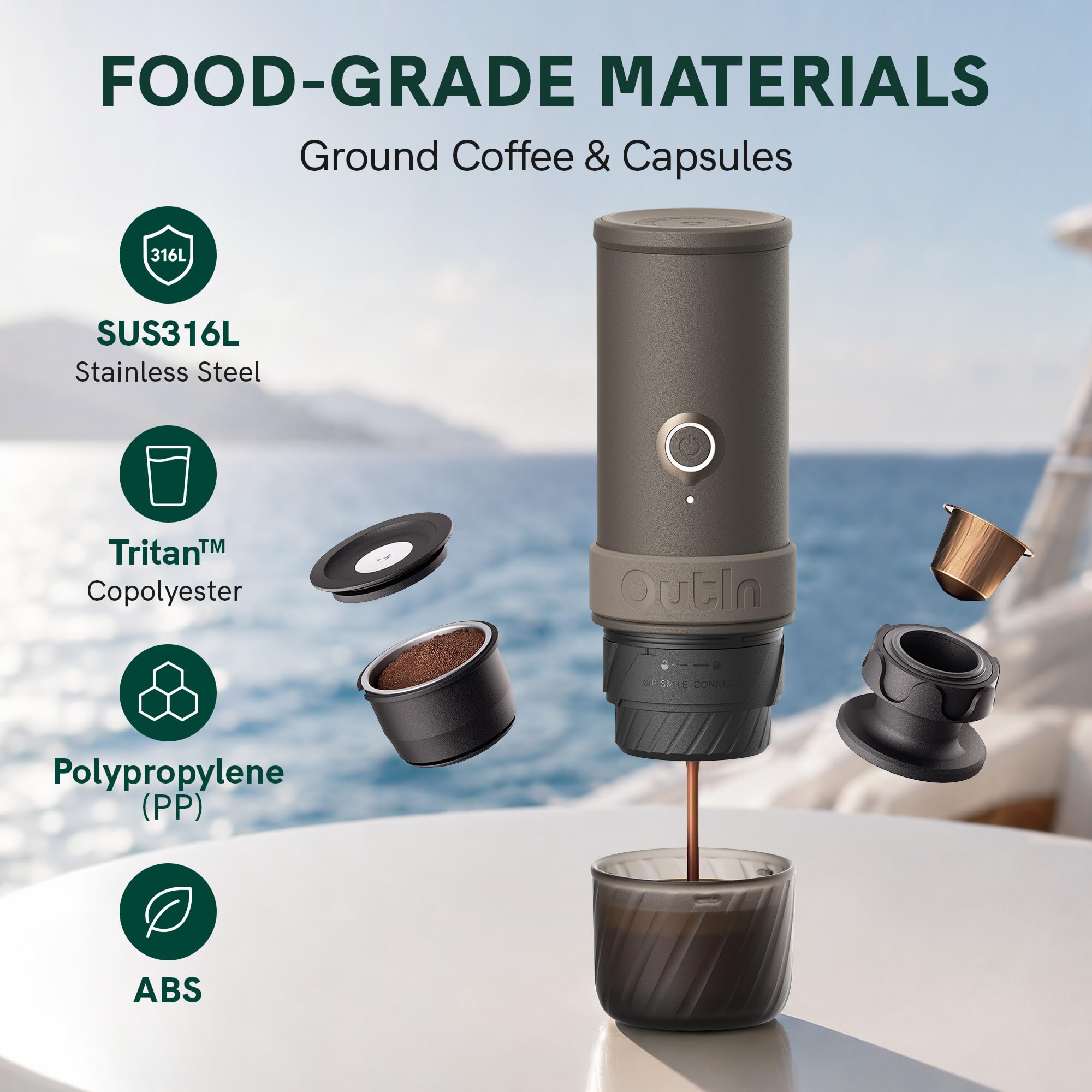 Tragbare elektrische Espressomaschine Mino mit 70 ml, USB-C Schnellladung und IP67, Tundra Brown