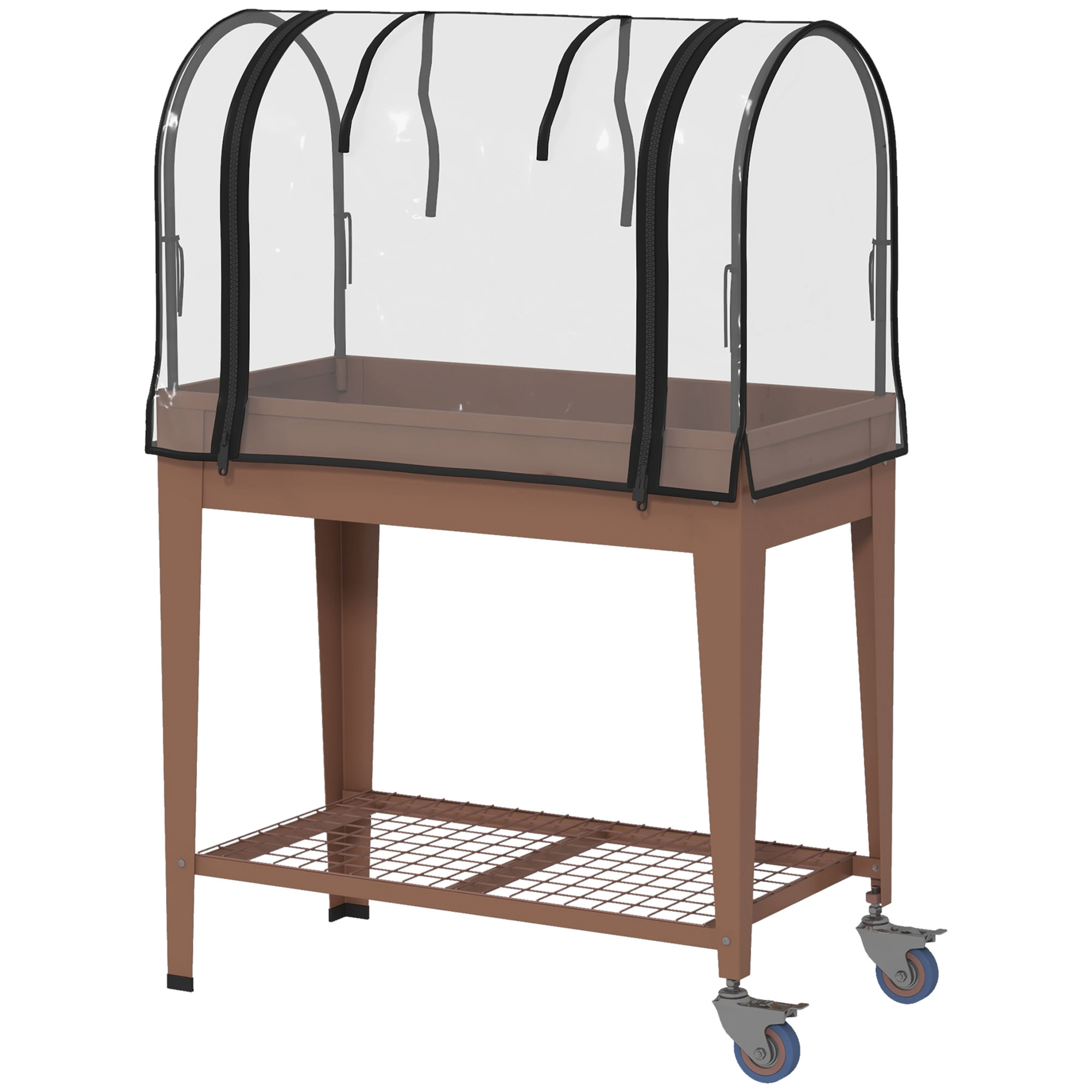 Outsunny Erhöhte Blumenkiste mit Mini-Gewächshaus für Pflanzen, Räder und Regal, 80x40x120cm, Braun