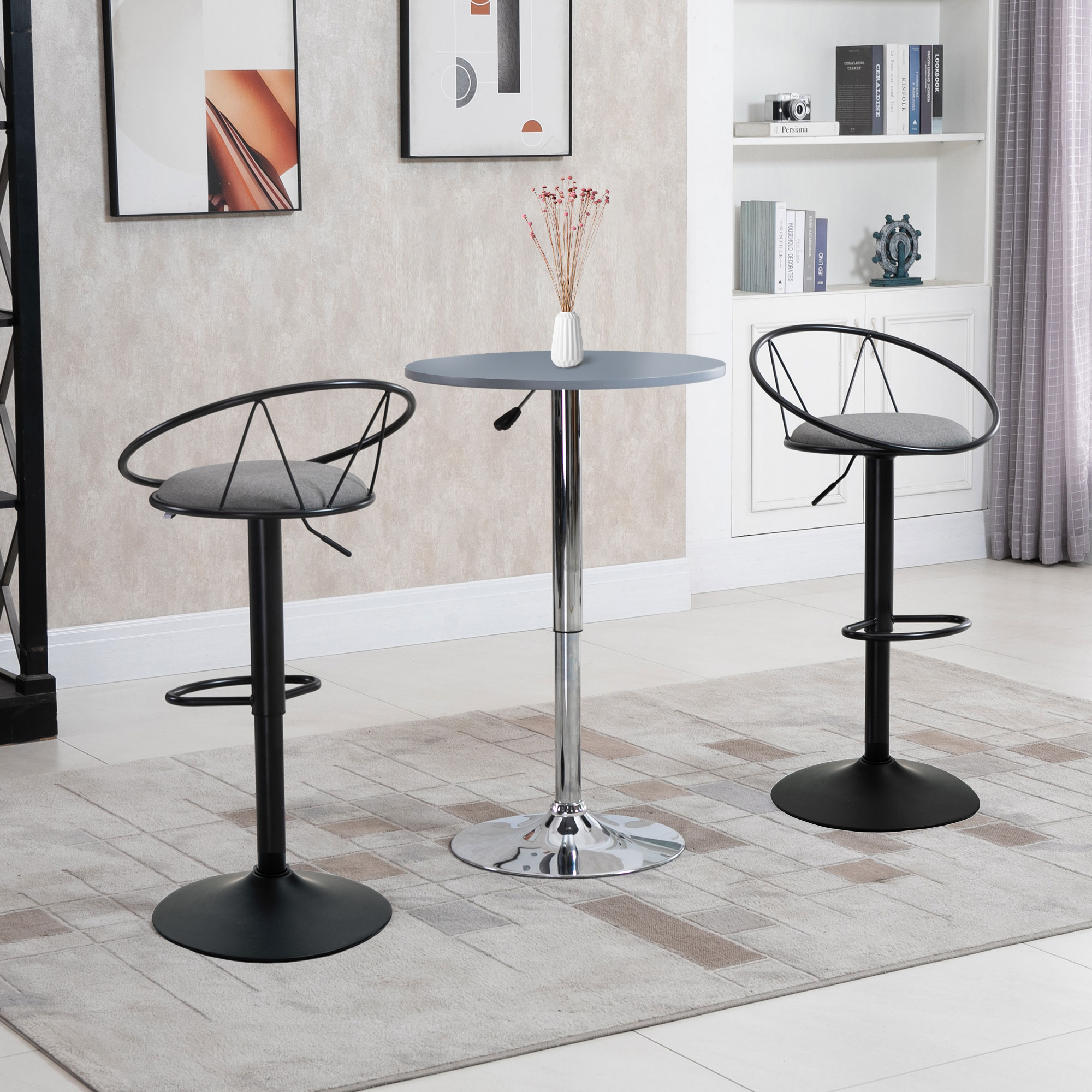 HOMCOM Set mit 2 Barhockern im neo-retro Design, höhenverstellbar und drehbar mit Metall-Fußstütze in Schwarz und Leinen in Grau