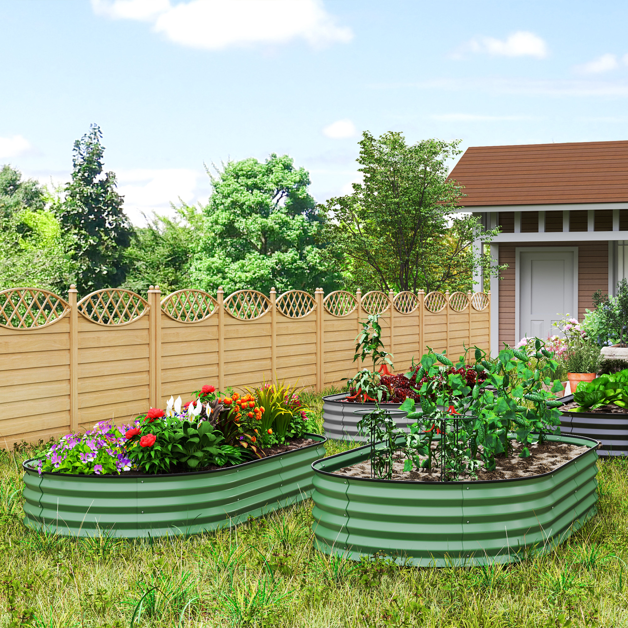 Outsunny 2er-Set Hochbeete für Garten, Outdoor-Pflanzenkübel mit offenem Boden, Gummirand, Metall, 181 x 93 x 30 cm, Grün