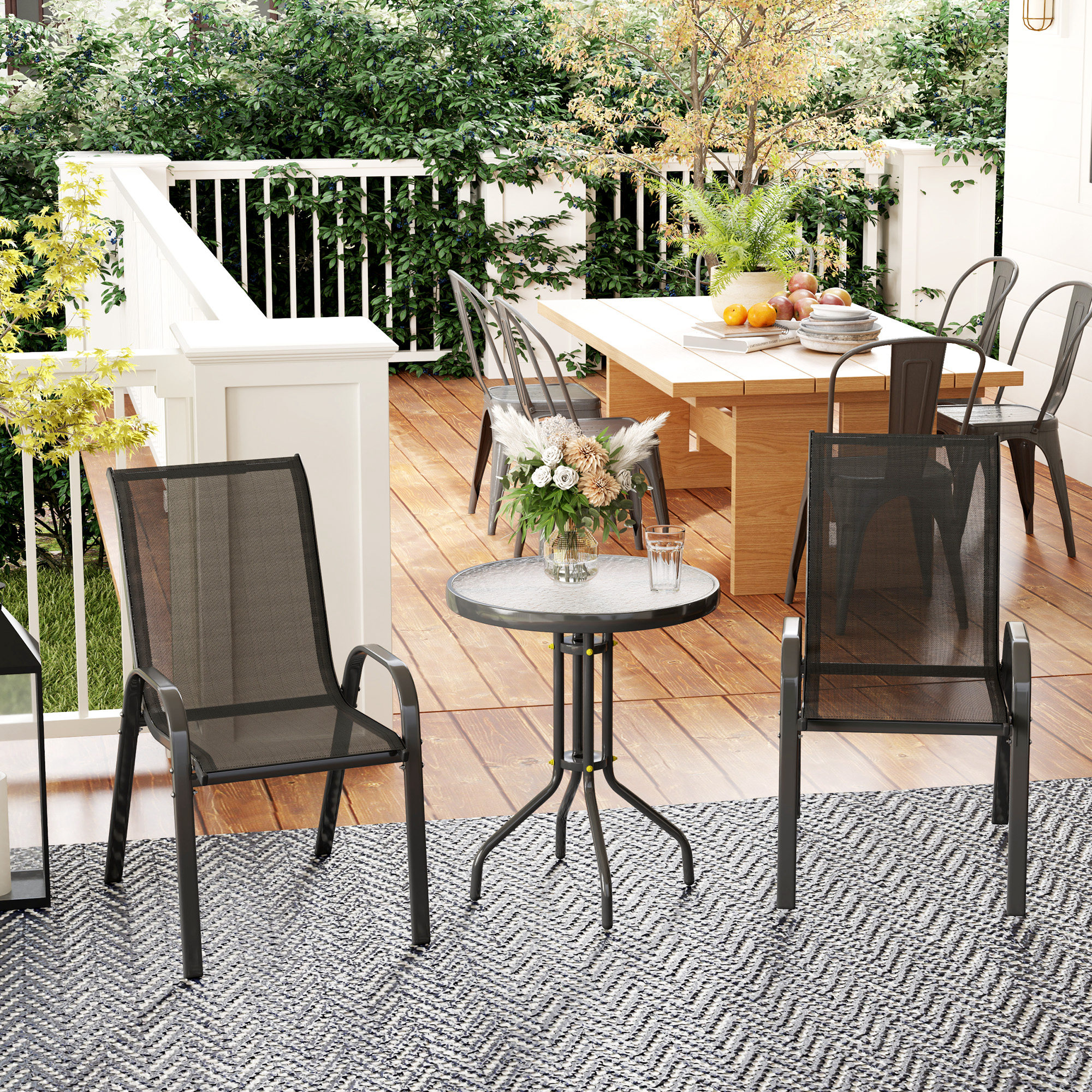 Outsunny 3-teiliges Outdoor-Gartensalon Möbelset 2 stapelbare Sessel Glastisch gehärtetes Glas Schwarz