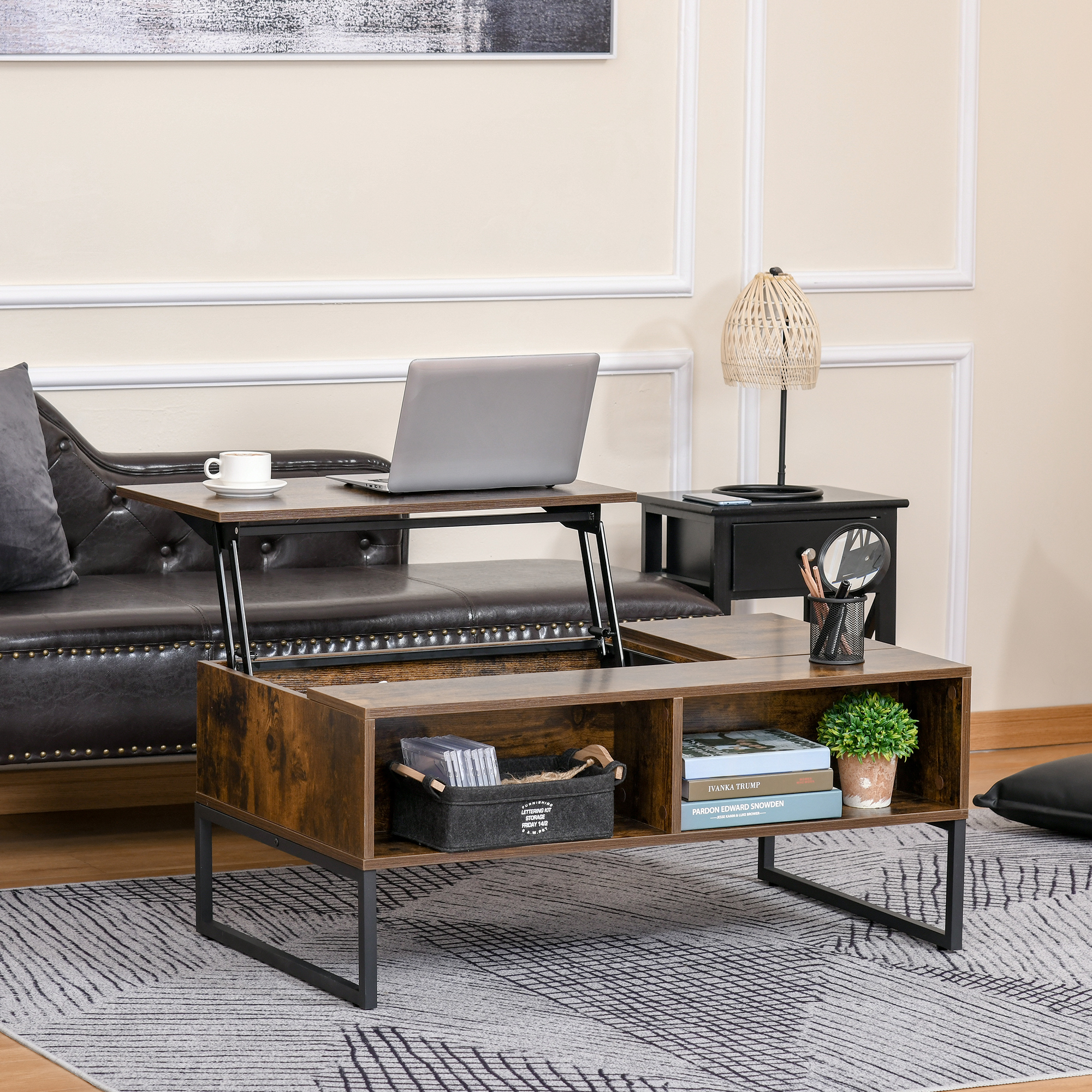 HOMCOM Couchtisch Wohnzimmertisch Kaffeetisch mit Höhenverstellbarer Platte Spanplatte Braun 100 x 60 x 44 cm