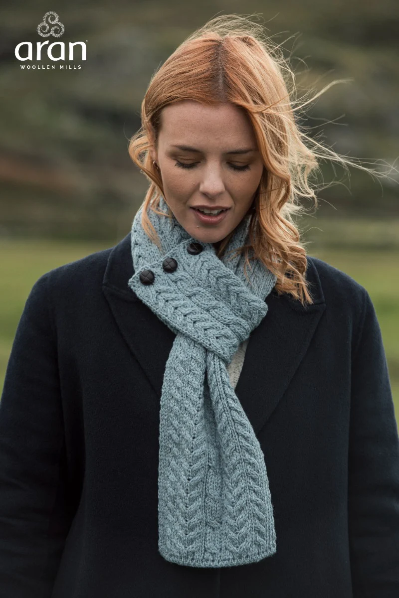 Aran Button Looped Scarf , Mist Marl Blue