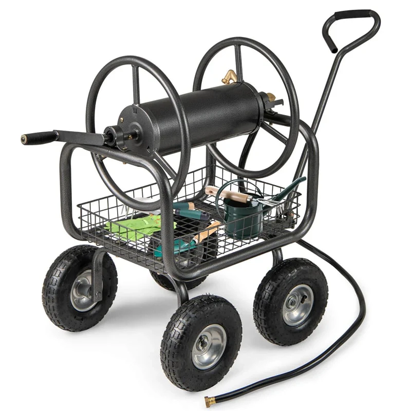 Portable Garden Hose Reel Cart Holds 300FT of 5/8" Large Capacity, Heavy-Duty Metal Hose Cart with 4 Wheels & Storage Basket for Lawn Yard