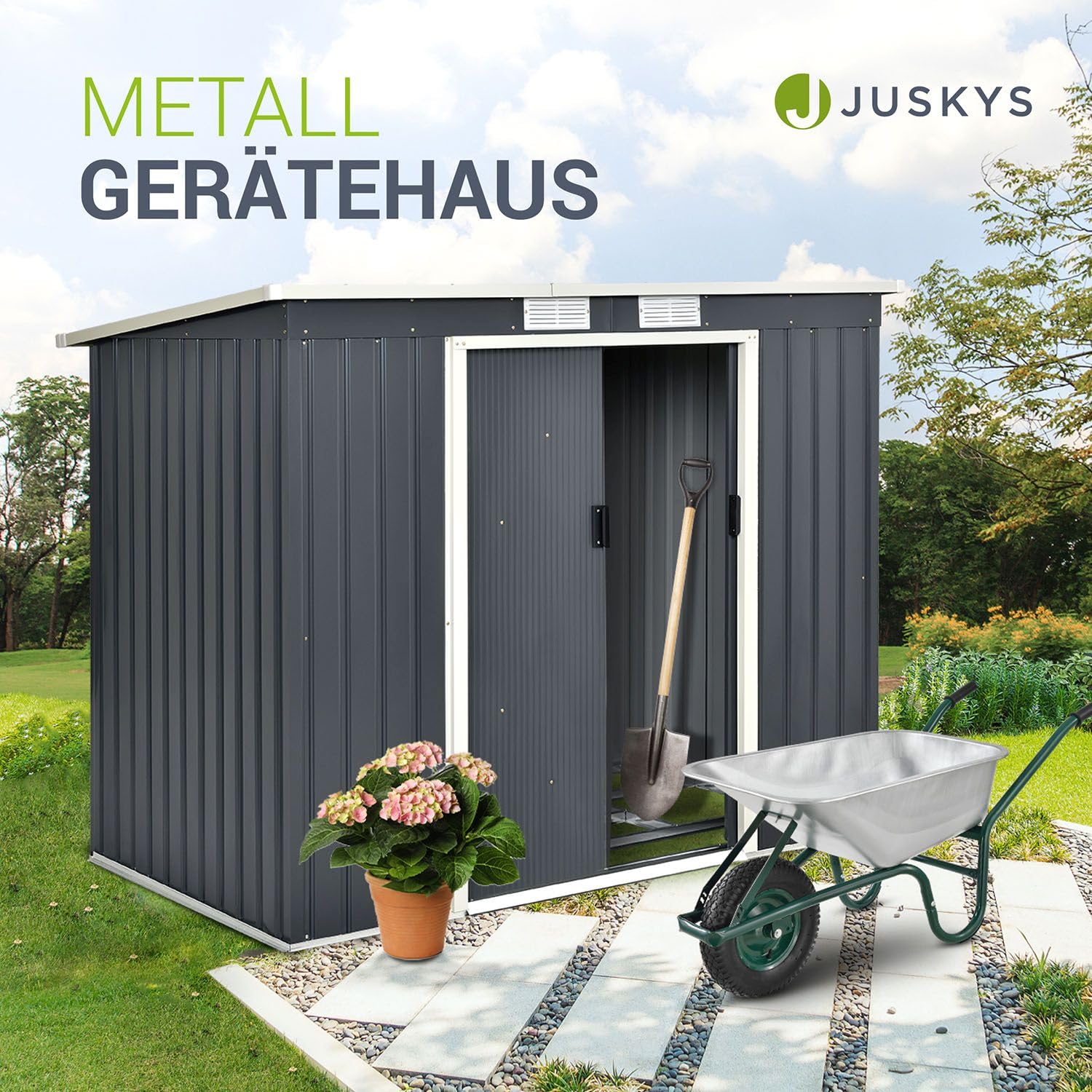 Juskys Gerätehaus Metall 4 qm mit Pultdach Schiebetür Fundamentrahmen und Gartenhaus 213x130x173 cm Anthrazit