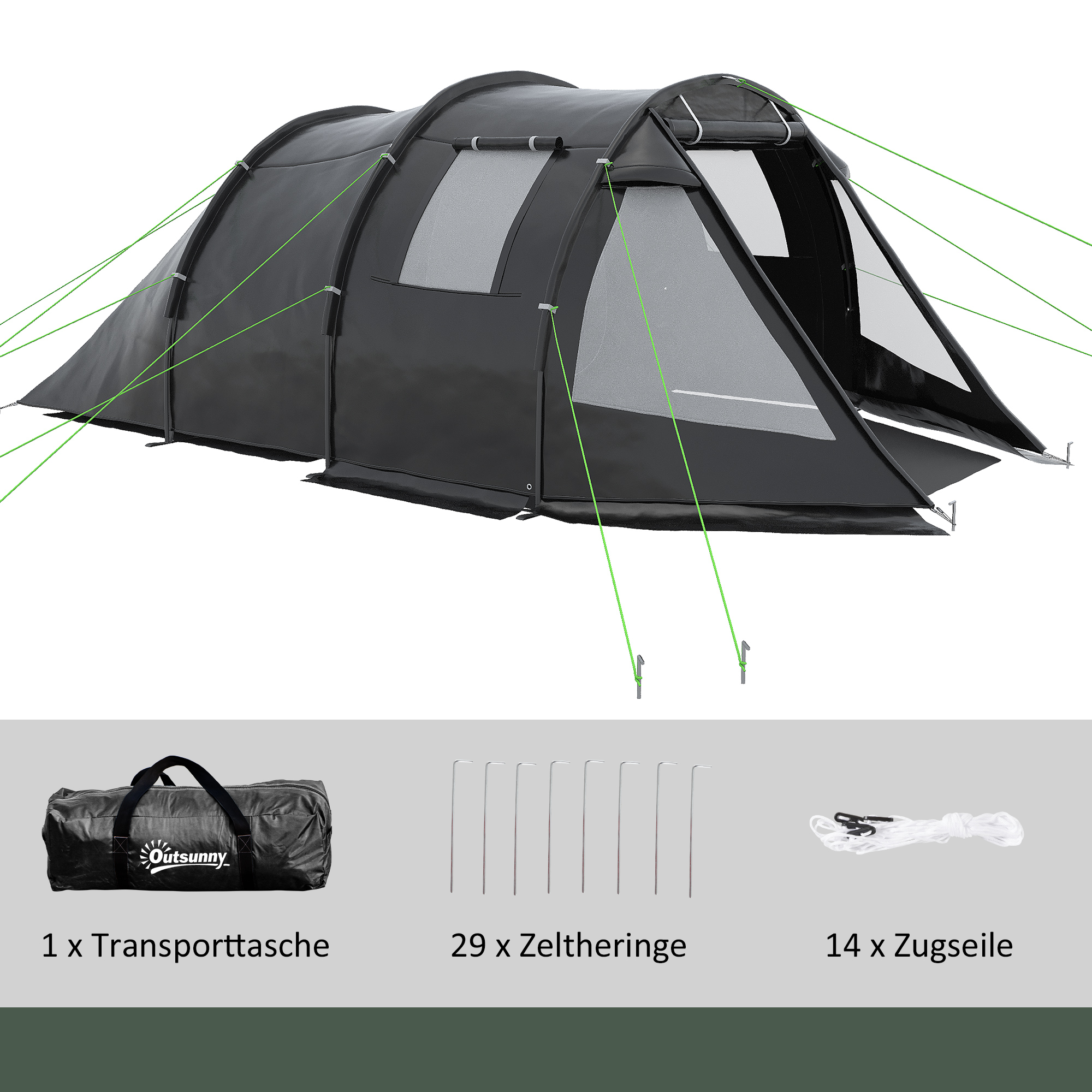 Kampeertent Trekkingtent Tent, weerbestendig, 2 kamers,  475 x 264  cm breedte x 172, Zwart