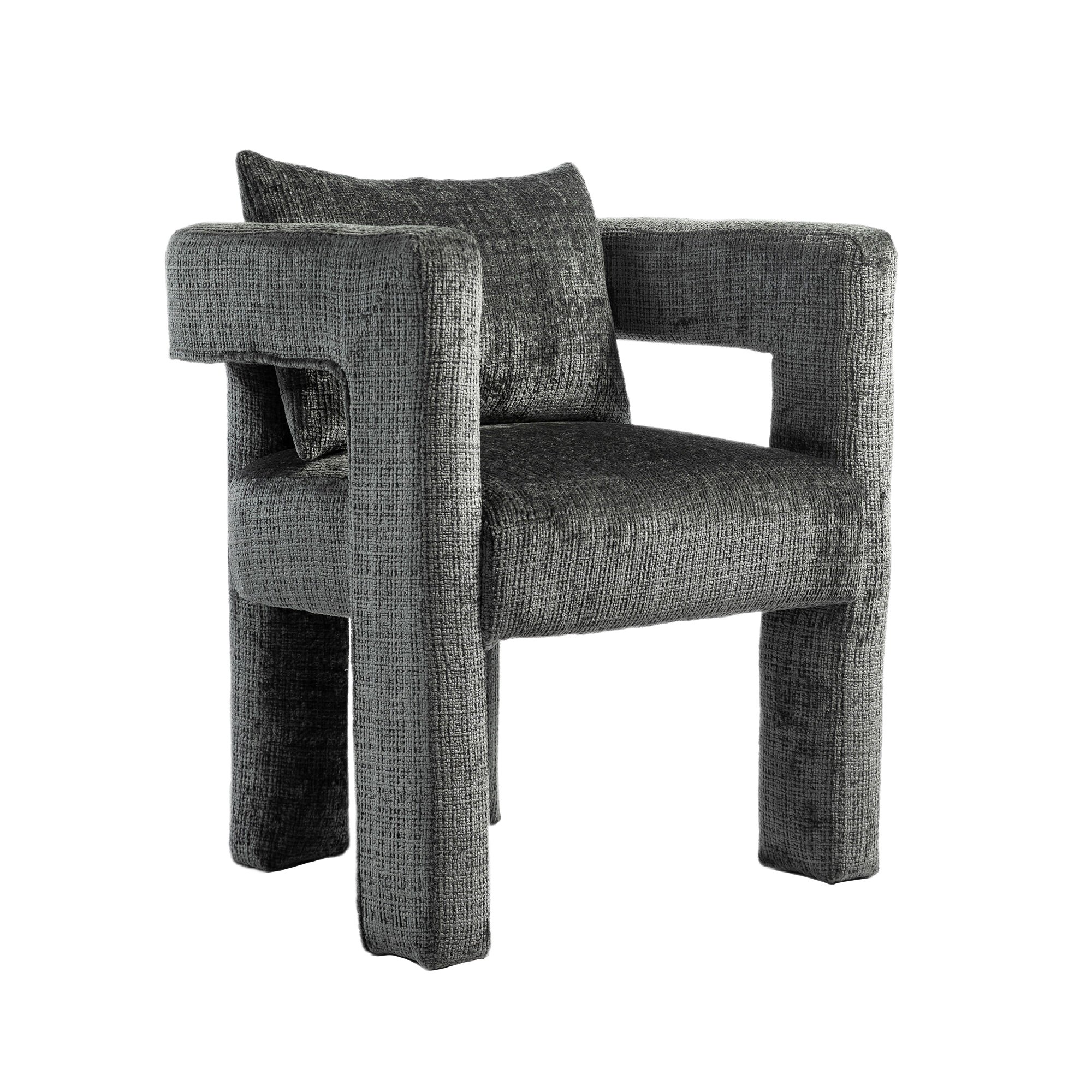 Moderner Chenille-Loungesessel, Esszimmerstuhl, einzigartiges Design mit durchbrochenen Armlehnen, bequemes Kissen, geeignet für Wohnzimmer, Esszimmer, Dunkelgrau