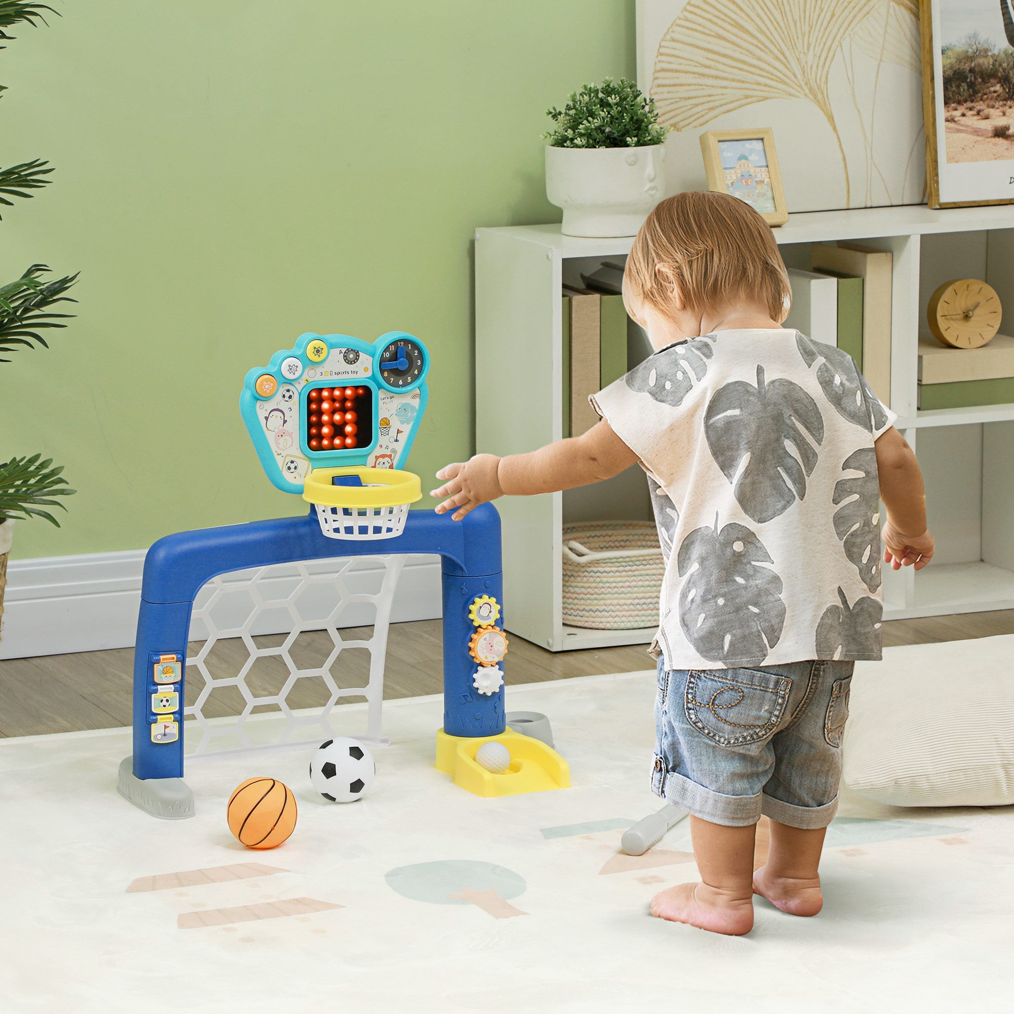 AIYAPLAY Fußballtor für Kinder, 3-in-1 Multi-Activity Center mit verstellbarem Basketballkorb, Scoreboard, Golfset