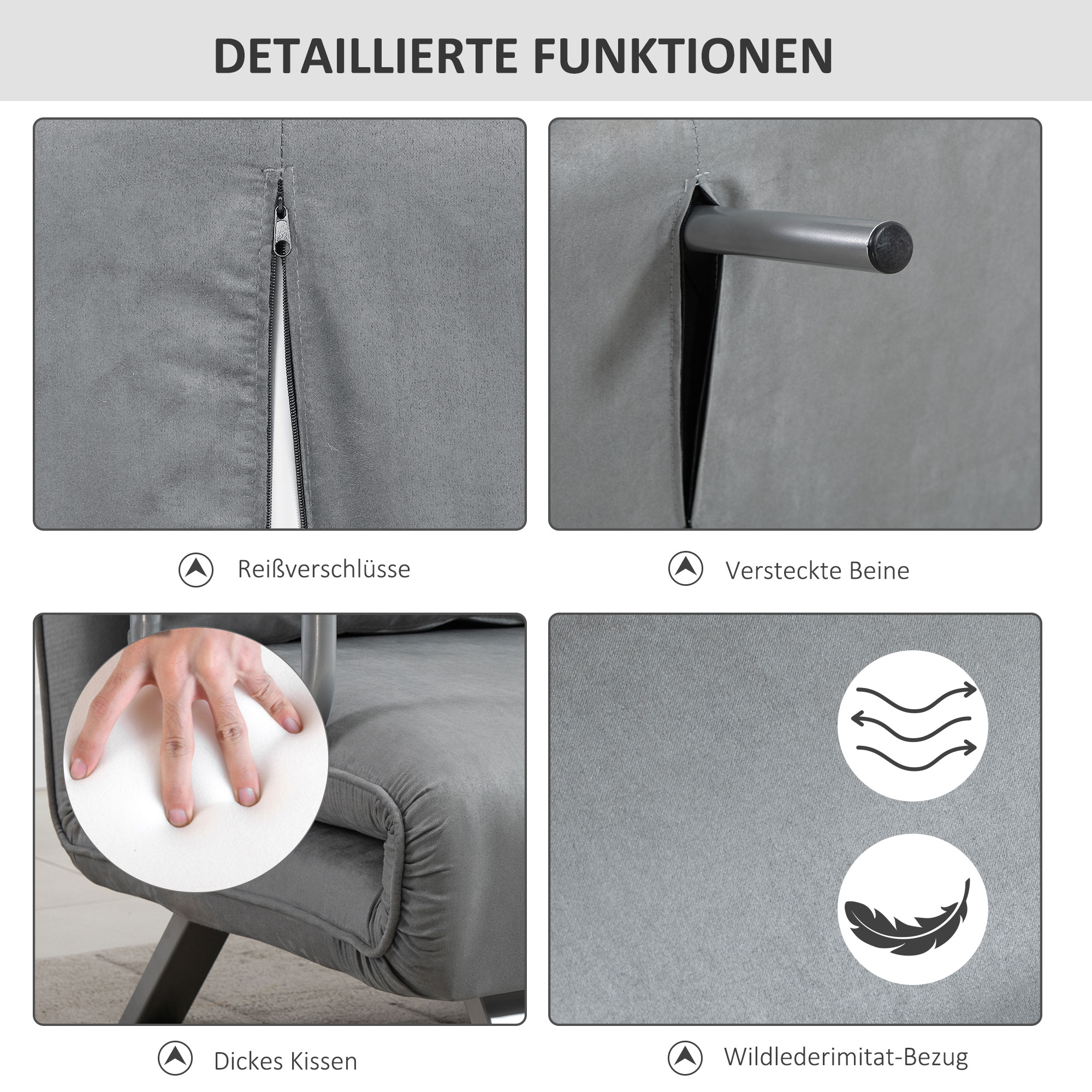 Slaapbank, tweepersoonsbank, logeerbed, inclusief 2 kussens, grijs