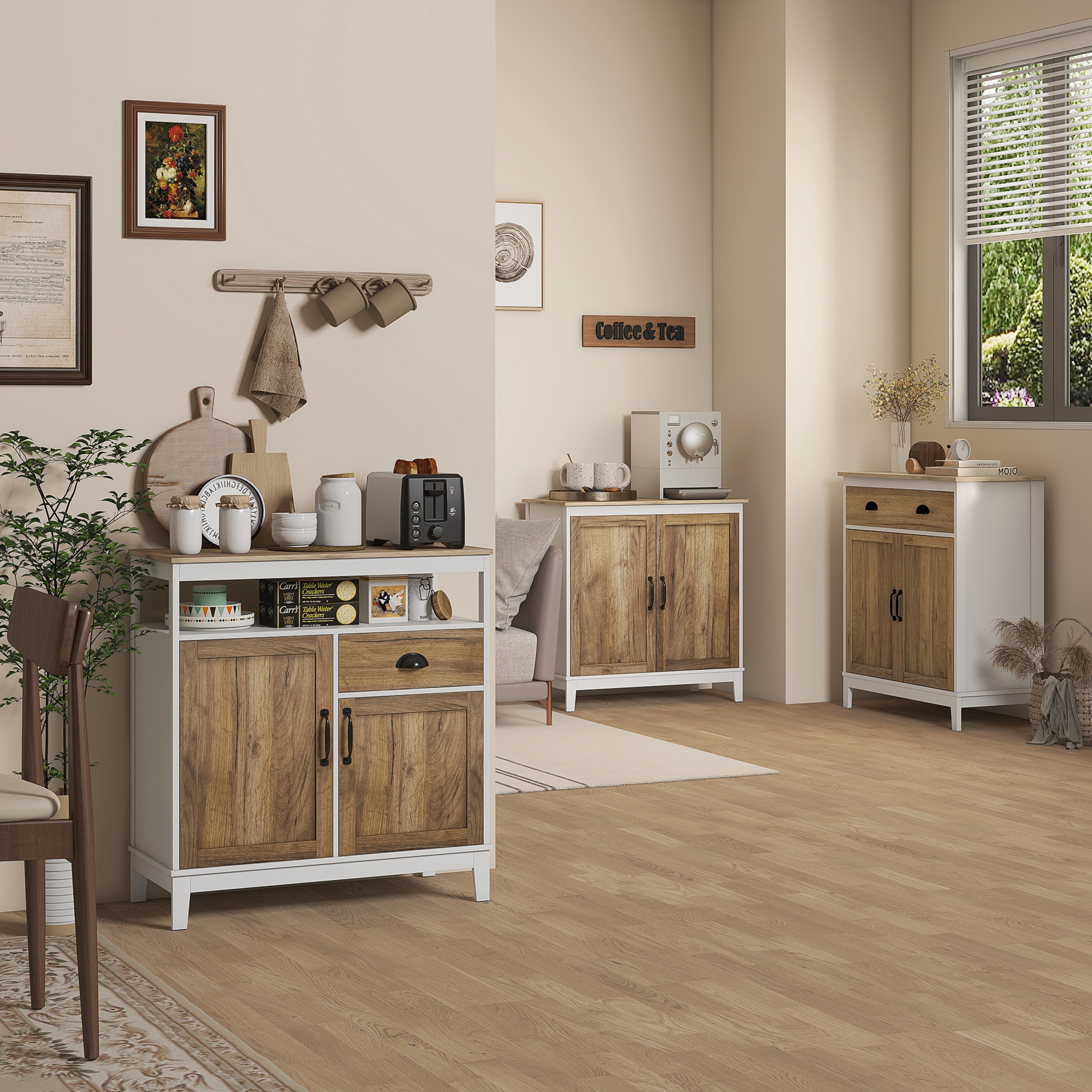 HOMCOM Buffet Küche Aufbewahrungsmöbel 2 Türen Schublade verstellbares Regal offenes Fach 76,6 x 35 x 81,5 cm Eichenbraun