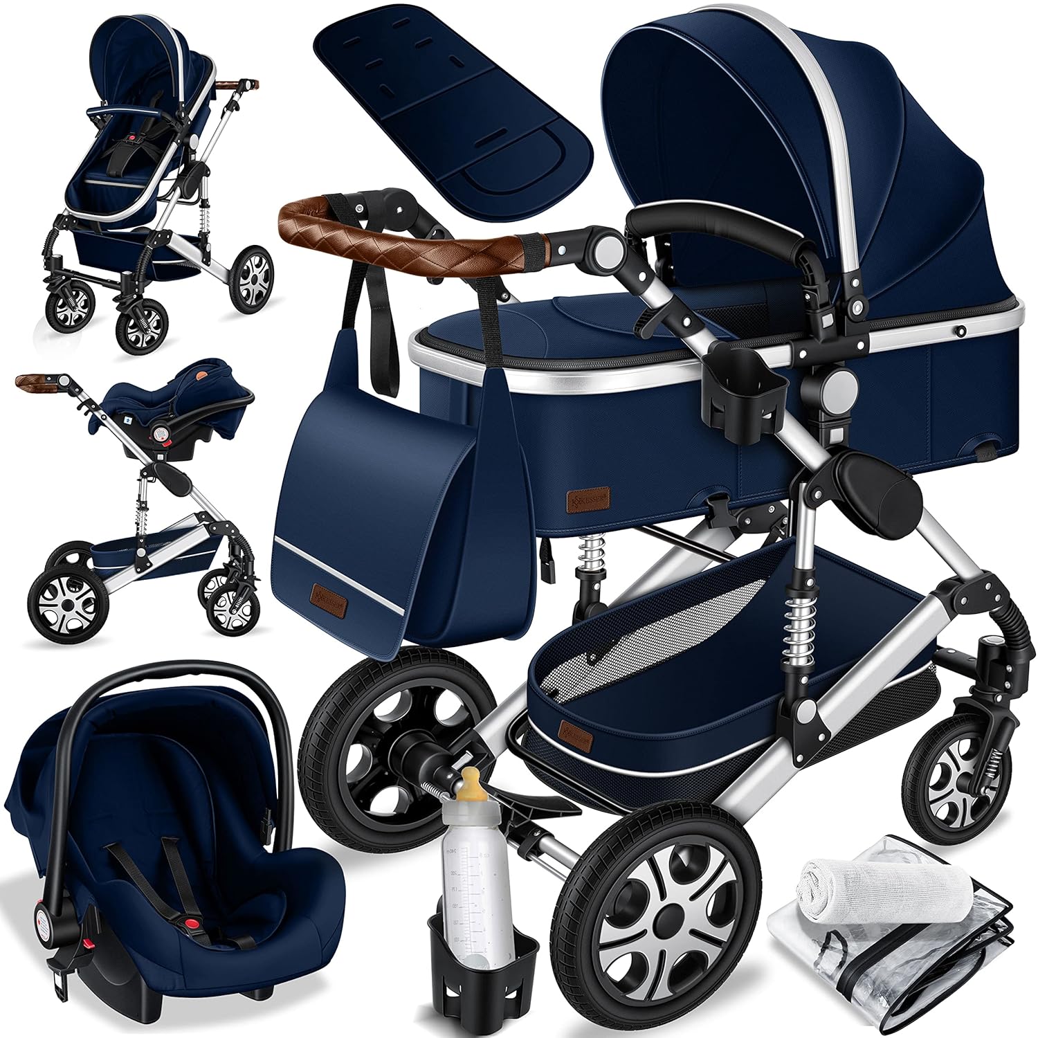 KESSER® Loops 3 in 1 Kinderwagen Kombikinderwagen Komplett-Set inkl. Babywanne & Buggy Sportsitz & Auto-Babyschale Voll-Gummireifen Wickeltasche Regenschutz Kindertisch ECE R129, Schwarz/Schwarz