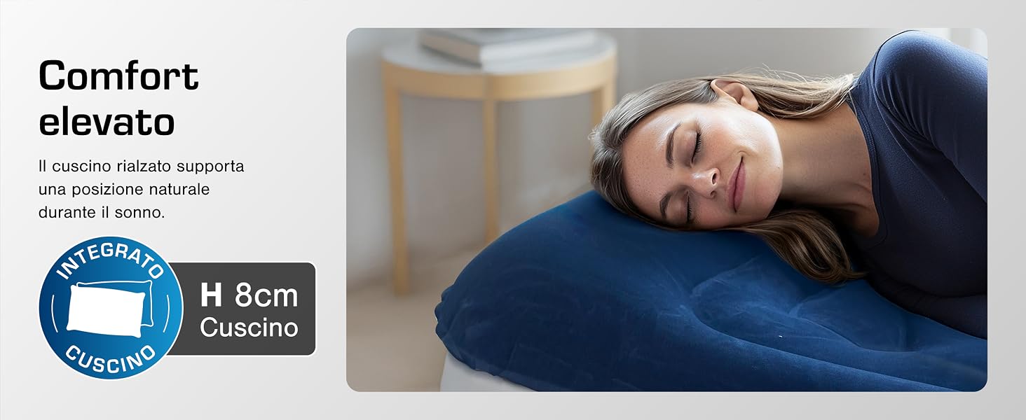 Il testo recita ?Comfort: elevato?. Serie di immagini che mostrano vari prodotti utilizzati in ambienti di relax o comfort, tra cui articoli imbottiti e accessori di supporto.