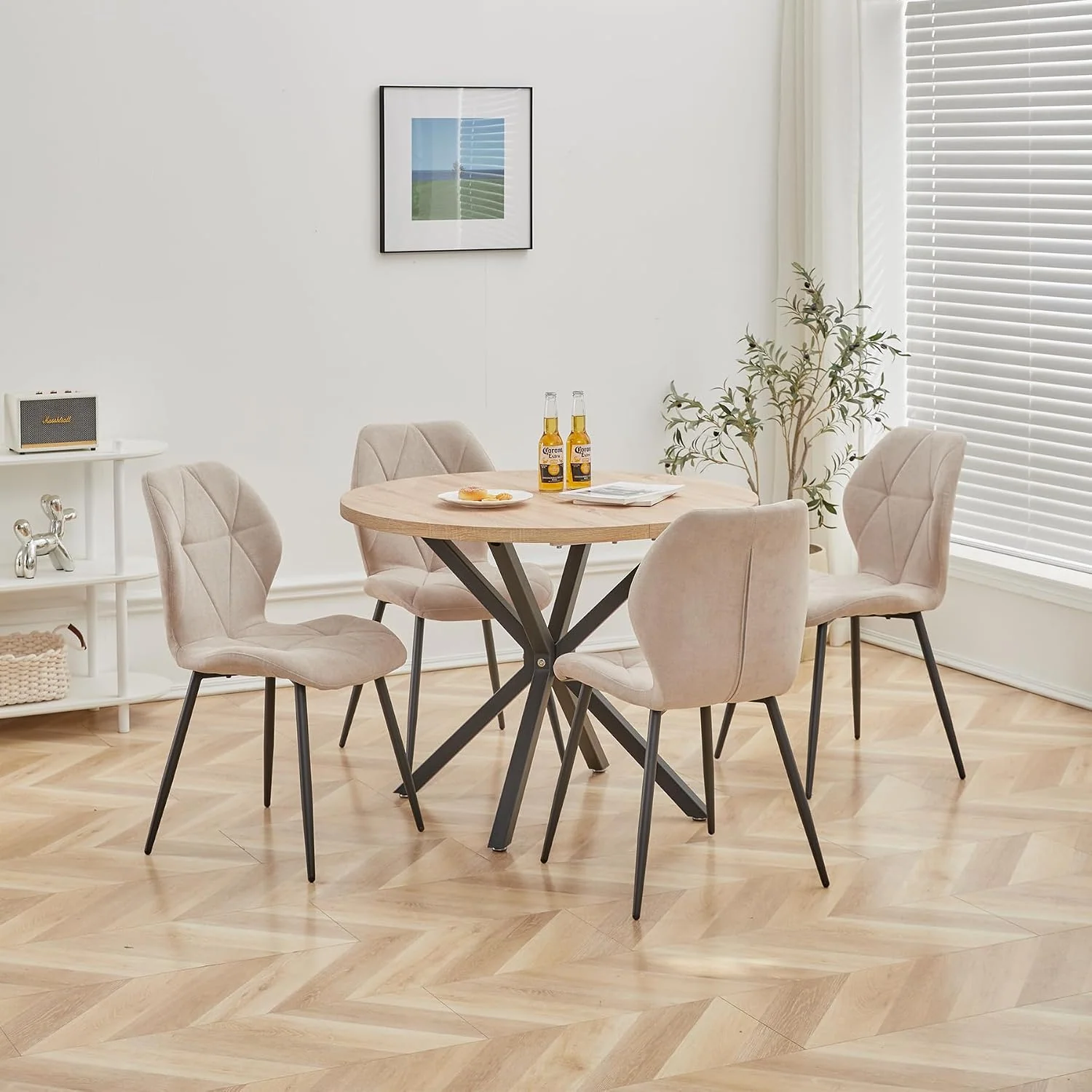 Essgruppe Set Tisch und Stühle, 100cm Runder Esstisch und 4 Leinen-Esszimmerstühle, 100 * 100 * 76.5cm