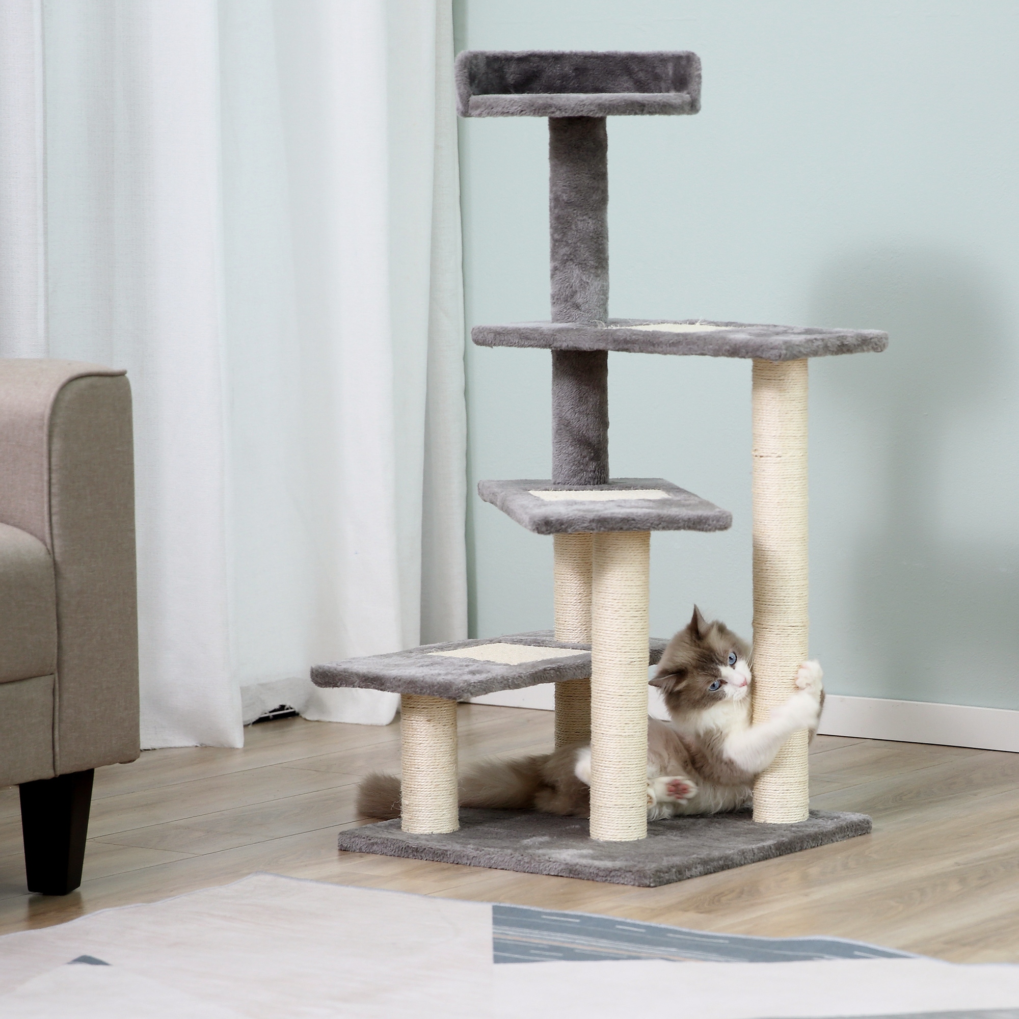 PawHut Kletterbaum Katzenbaum Spielbaum Katzenkratzbaum Treppe 5 Schichte Beige Grau 48,5 x 48,5 x 100 cm (LxBxH)