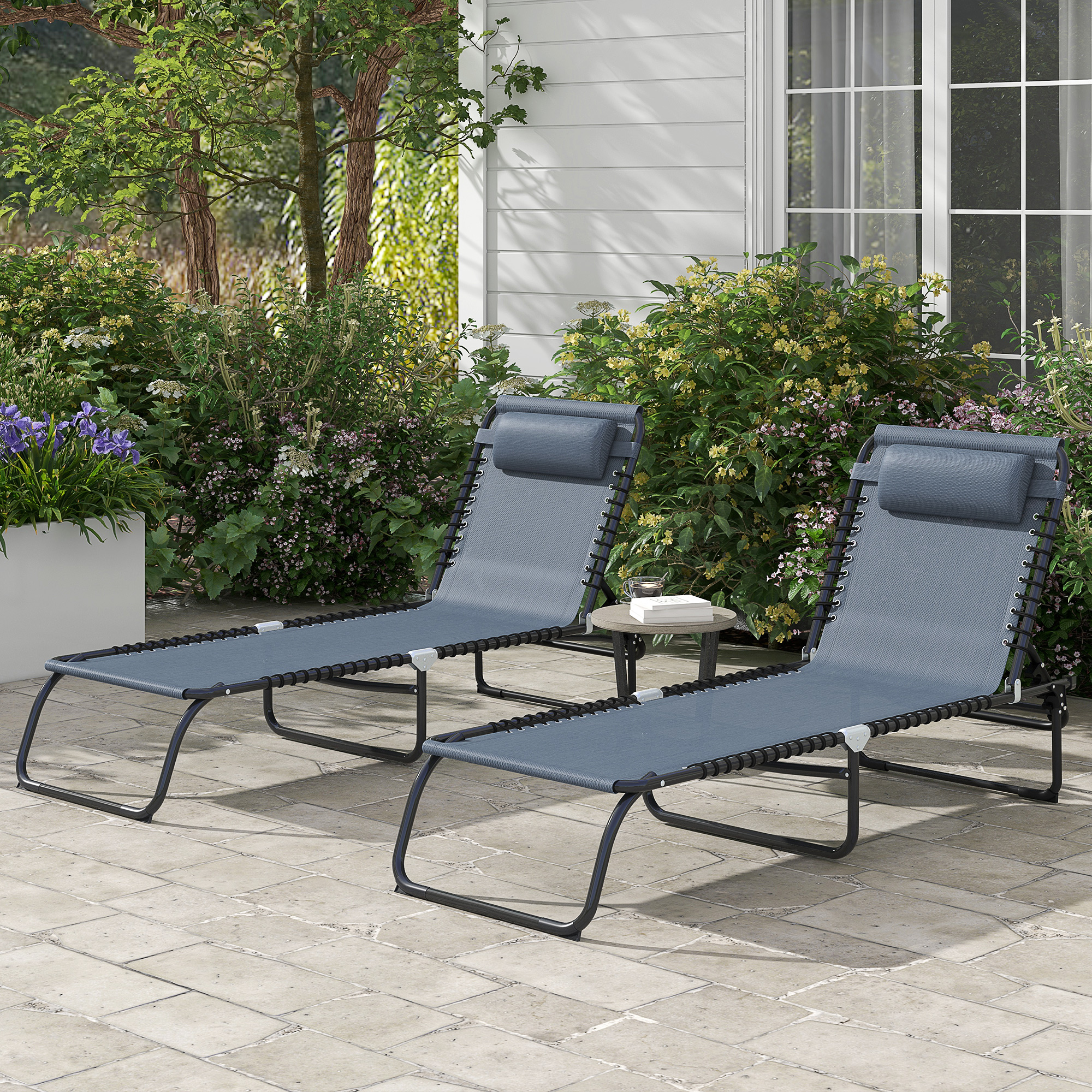 Outsunny Set mit 2 klappbaren Sonnenliegen, verstellbare Rückenlehne in mehreren Positionen, thermoplastischer Stahl, elastische Schnüre, graues Textilene