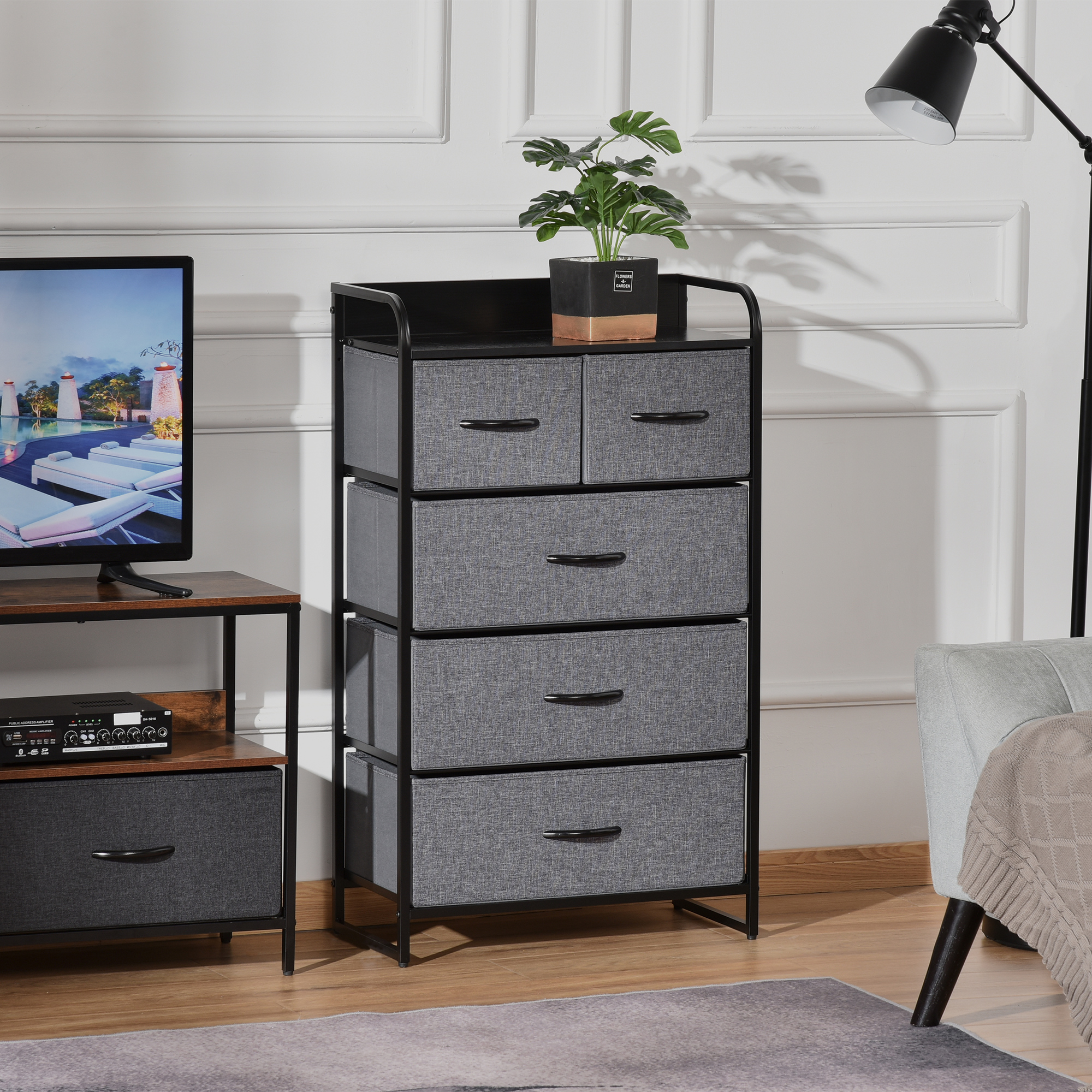 HOMCOM Schrank Aufbewahrungsmöbel 5 klappbare Schubladen aus Stoff 58 x 29 x 99 cm Grau