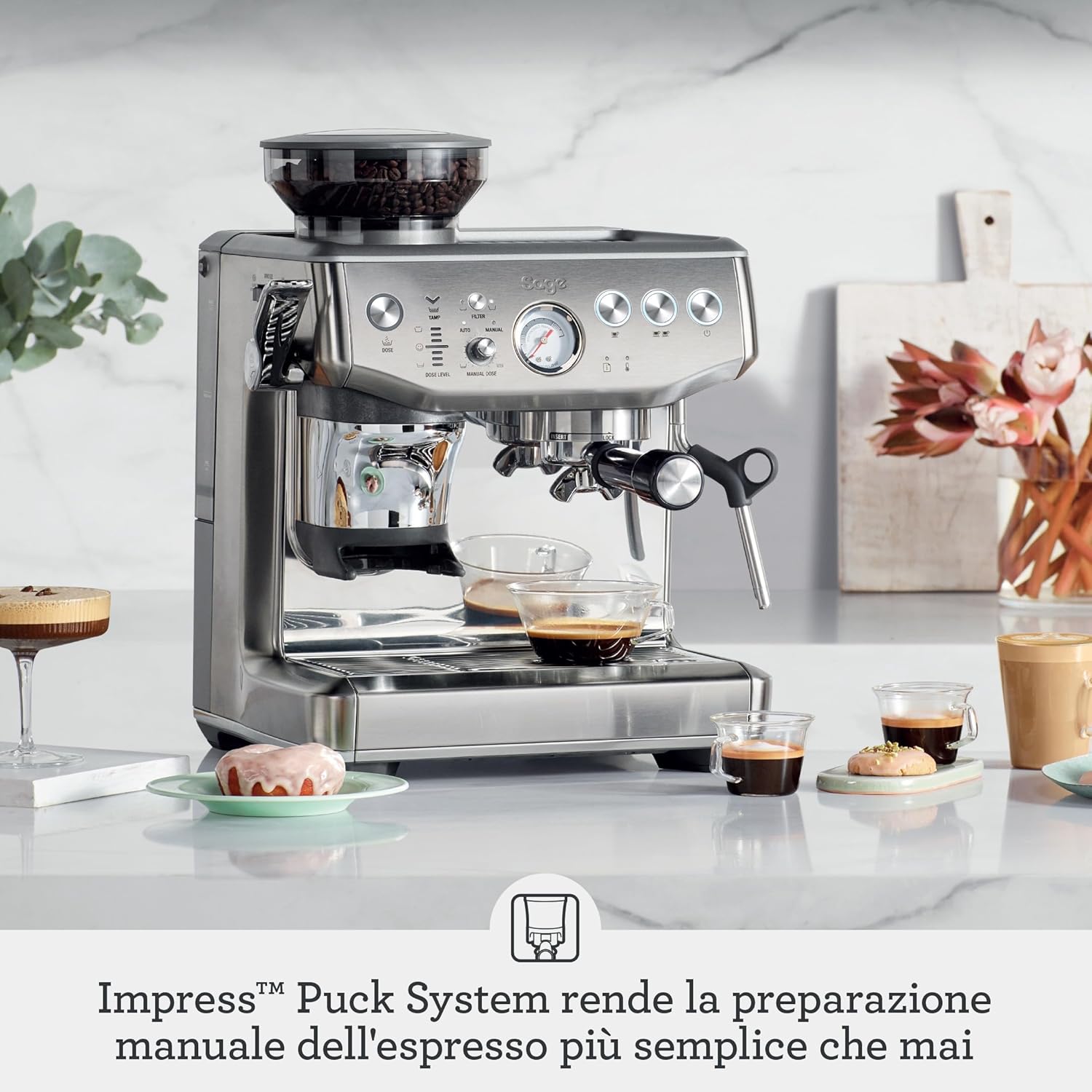 Sage - The Barista Express Impress - Macchina Caffè in Grani con Macinacaffè Integrato, Dosaggio e Pressatura Automatica (10 kg), Lancia Vapore Manuale per Latte Art - Acciaio Inox Spazzolato