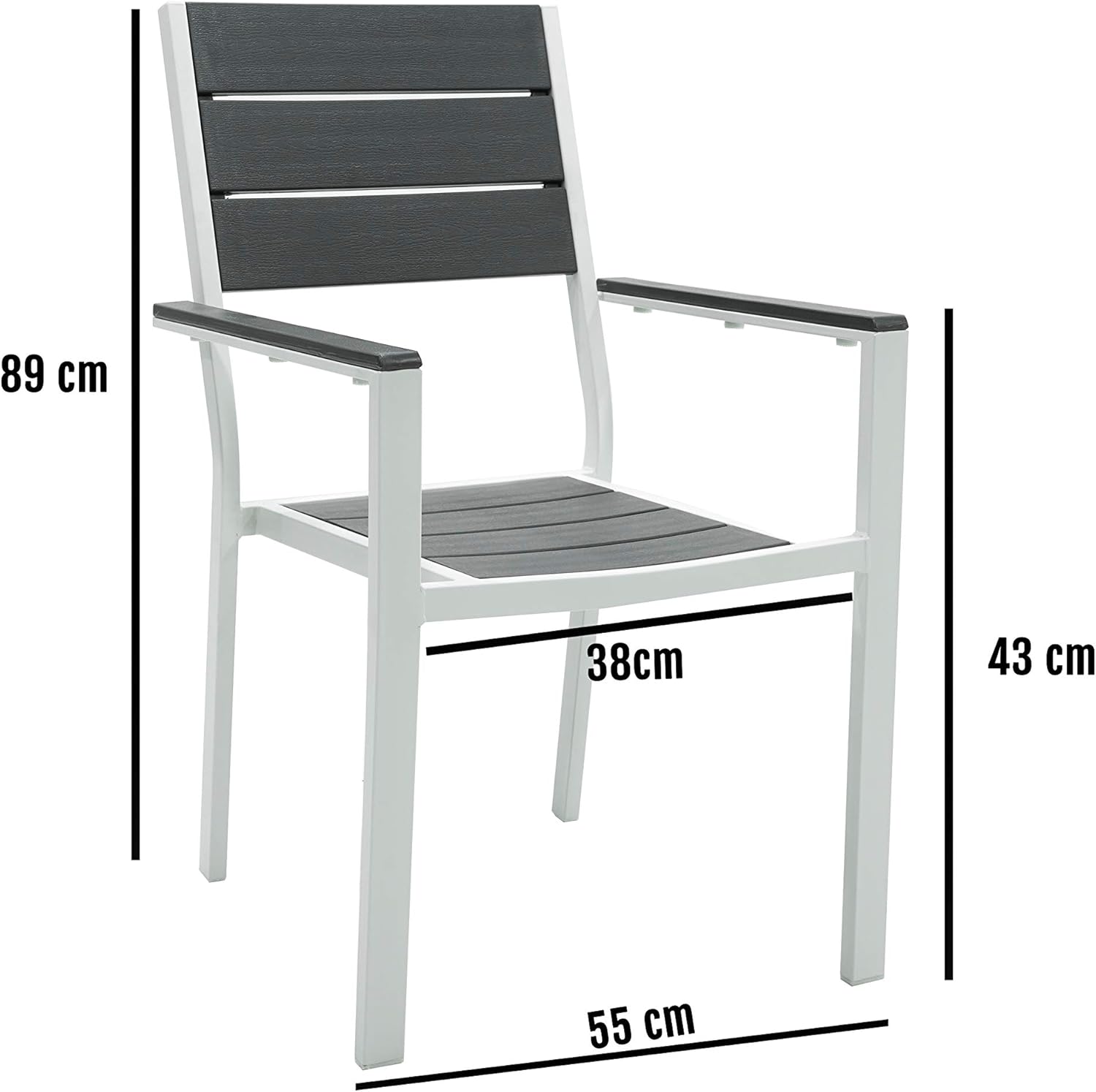 Table Set with Garden Chairs Complete Table with 6 Outdoor Armchairs White Metal Frame and Slats in HPDE Grey Teak Effect