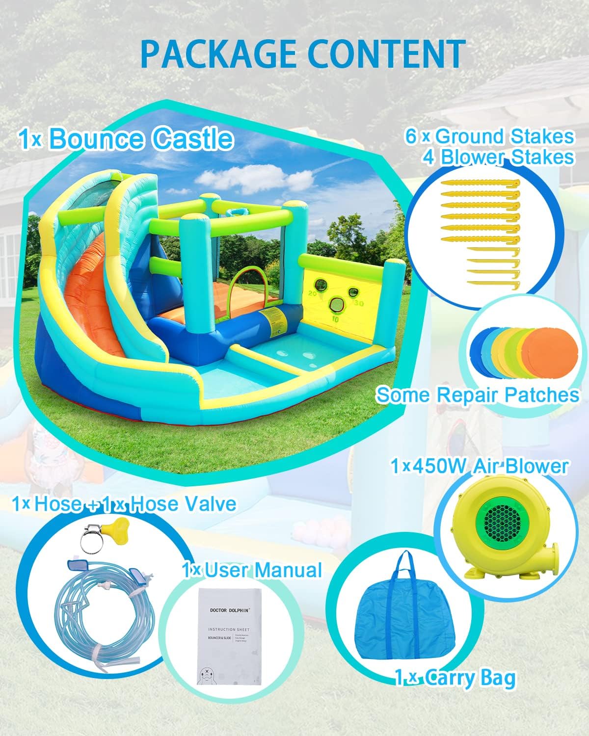 Castello Gonfiabile per Bambini Parco Acquatico con Scivolo Trampolino Piscina Parete da Arrampicata e Canestro da Basket Grande Castello Gonfiabile per Giardino Esterno Pu貌 Ospitare Fino a 5 Bambini