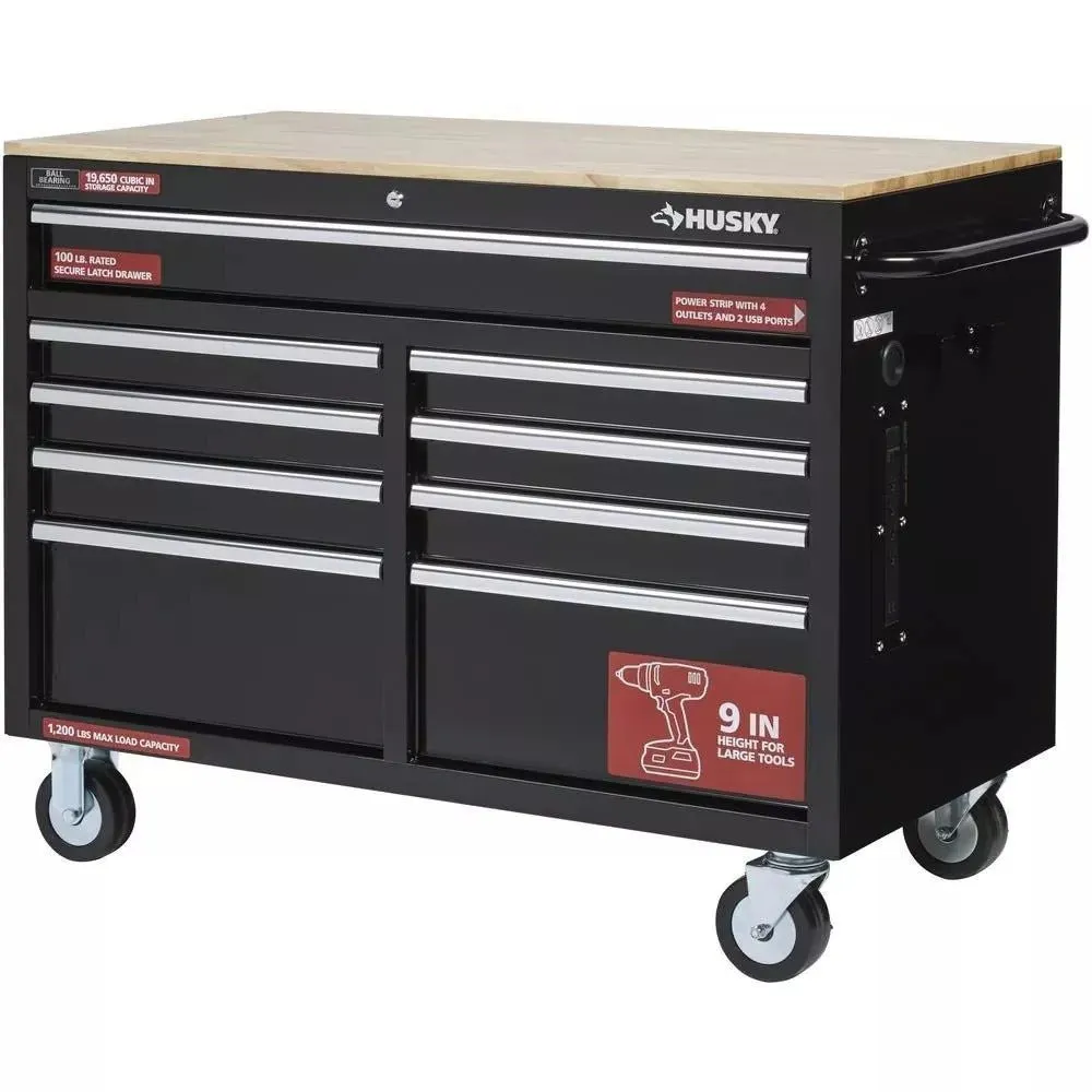 2025 Mobiele diepe gereedschapskist met 9 lades, 46 inch breed x 24 inch diep, glanzend zwarte afwerking