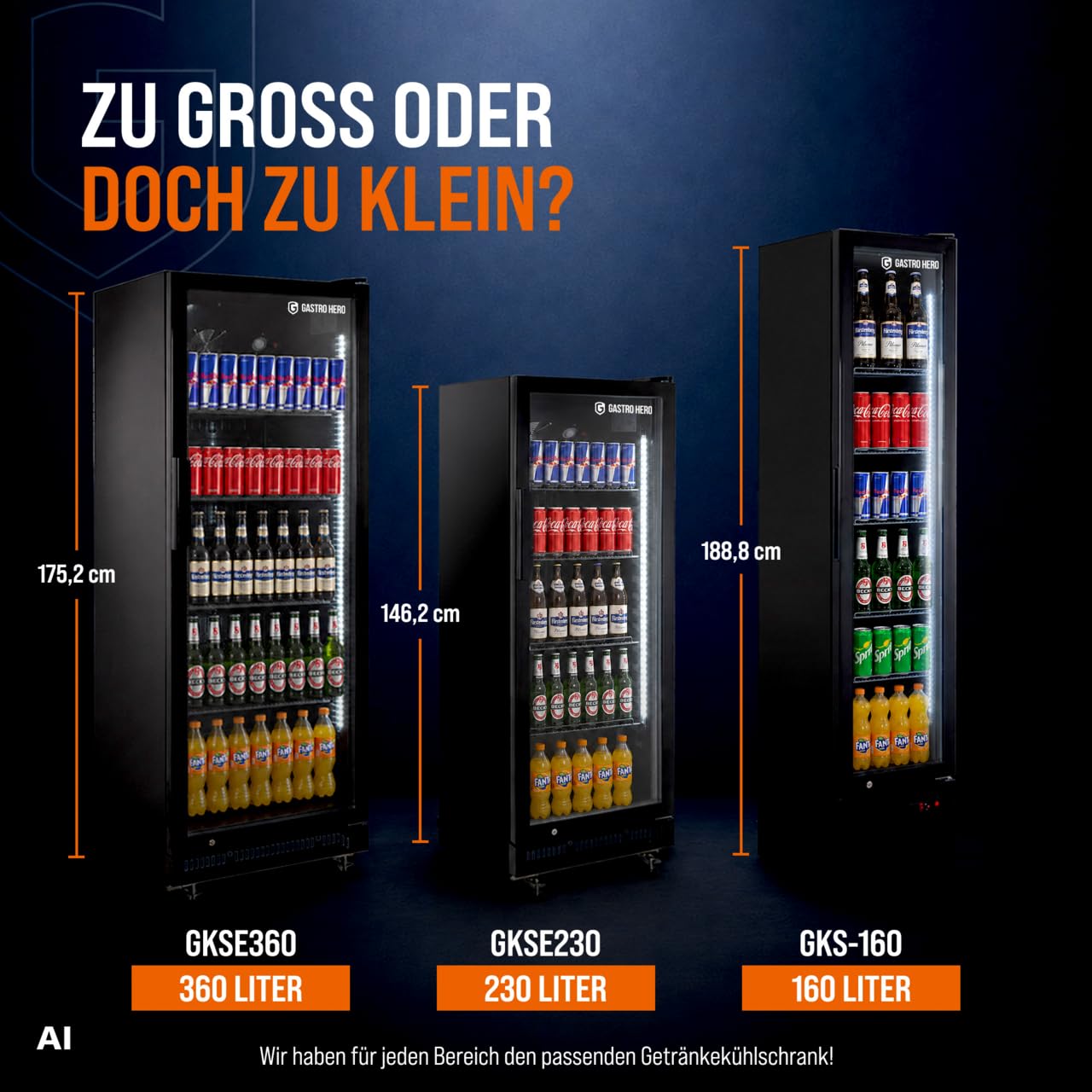 Getränkekühlschrank 230 L, schwarz, mit Glastür abschließbar und 4 verstellbaren Rosten, 0-8 °C Umluftkühlung