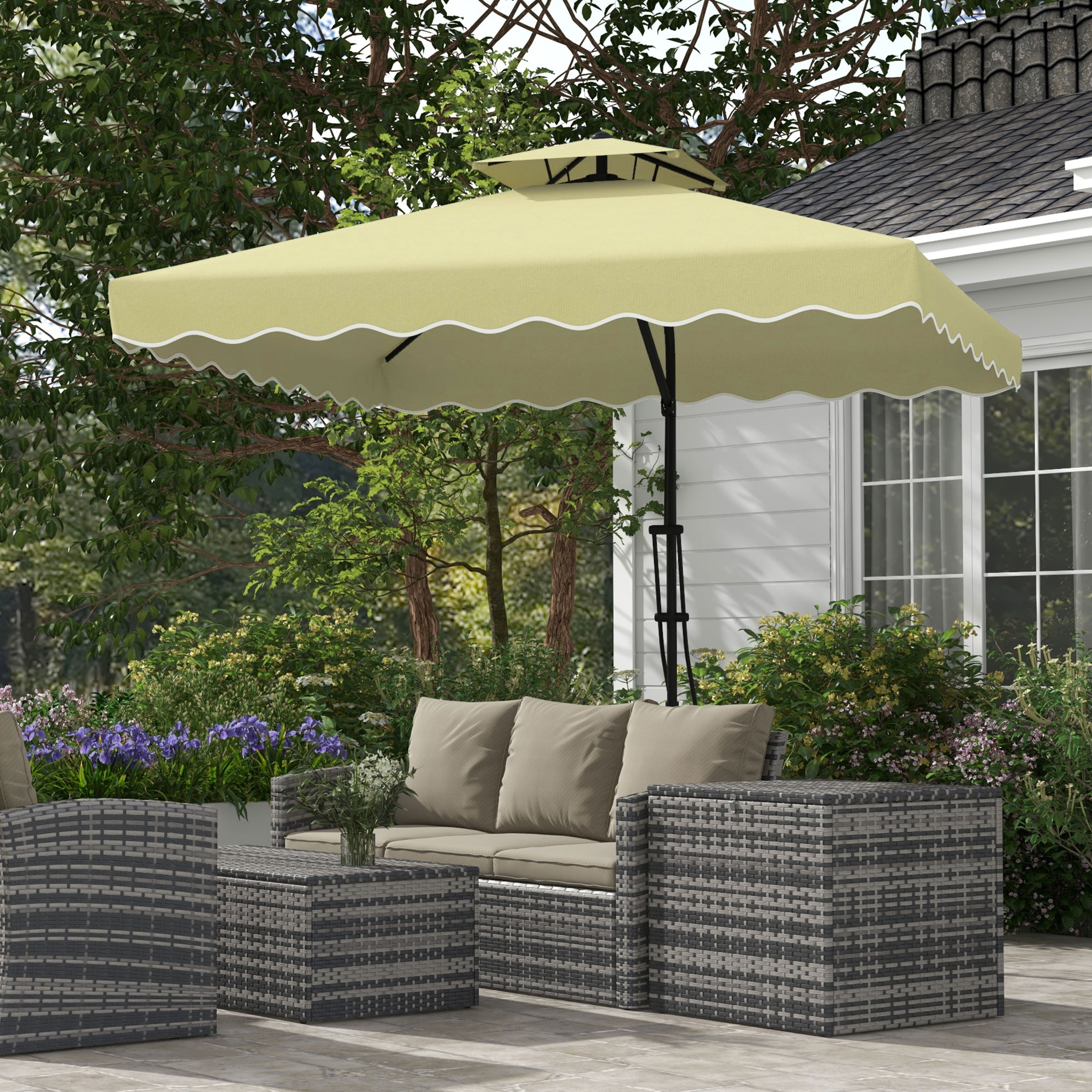 Outsunny Gartenschirm, Ampelschirm, dekorativer Rand, Lüftungsdach, Metallgestell, 2,4x2,4x2,6m, Beige
