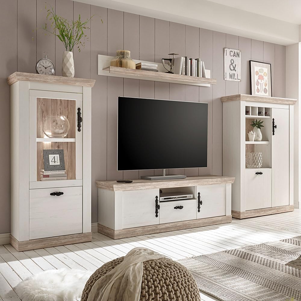 Lomadox Landhaus Wohnwand Pinie weiß mit Vitrine & Highboard, TV-Lowboard & Regal inkl. LED-Beleuchtung
