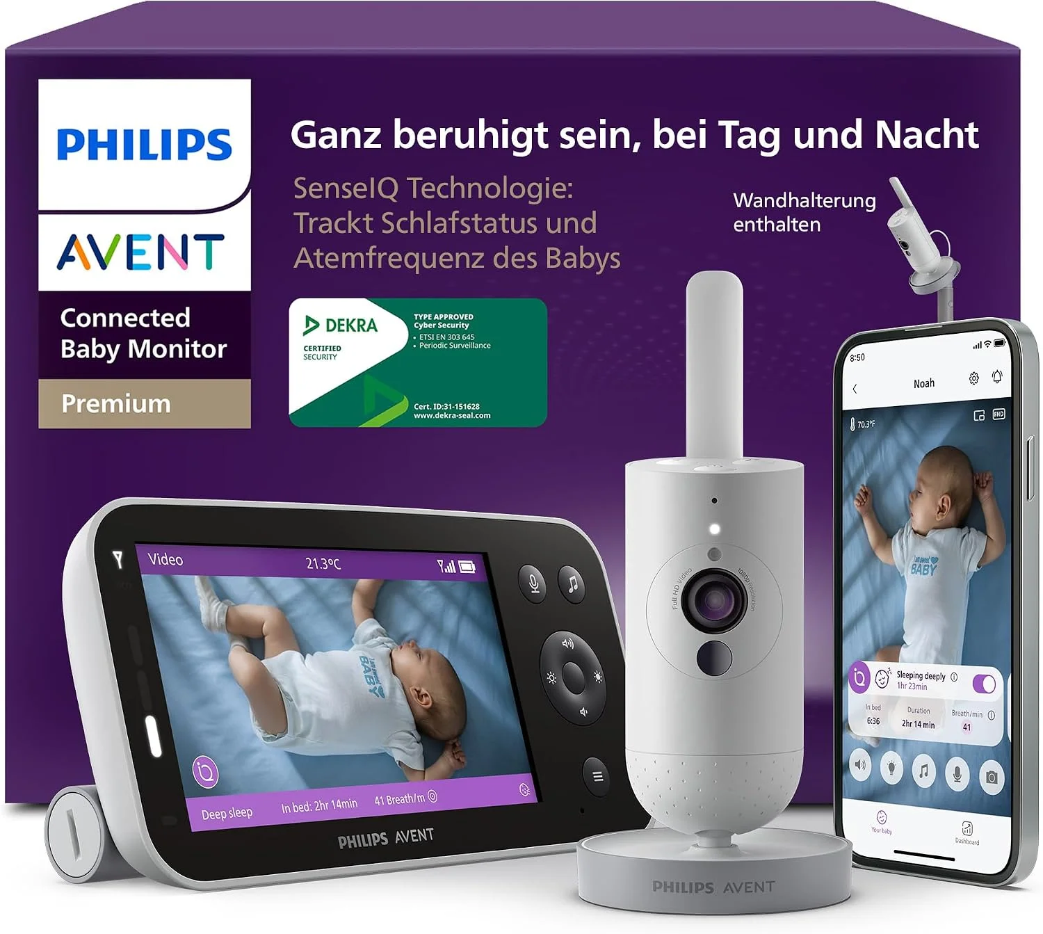 AVENT Kamera, Schwarz, PHILIPS Connected Babyphone mit App - 1080 px HD-, Schlaf- & Atemtracking mit KI