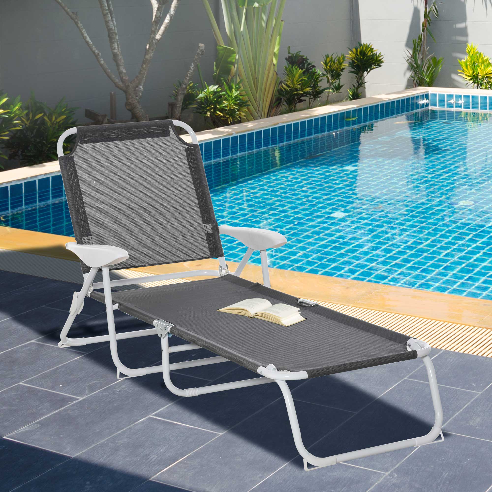 Outsunny Klappbarer Sonnenliegestuhl - Mehrpositionen-Rückenlehne - Gartenliegestuhl mit Armlehnen - Epoxidmetall Textilene - Abm. 186L x 66B x 80H cm - Dunkelgrau