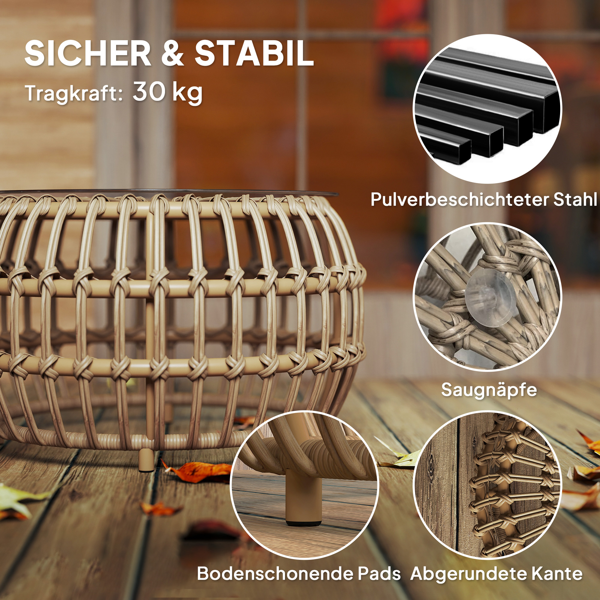 Outsunny 2-delige Set Bijzettafels Polyrattan ?66/42 cm Rond Weerbestendig met Glazen Blad - Bruin