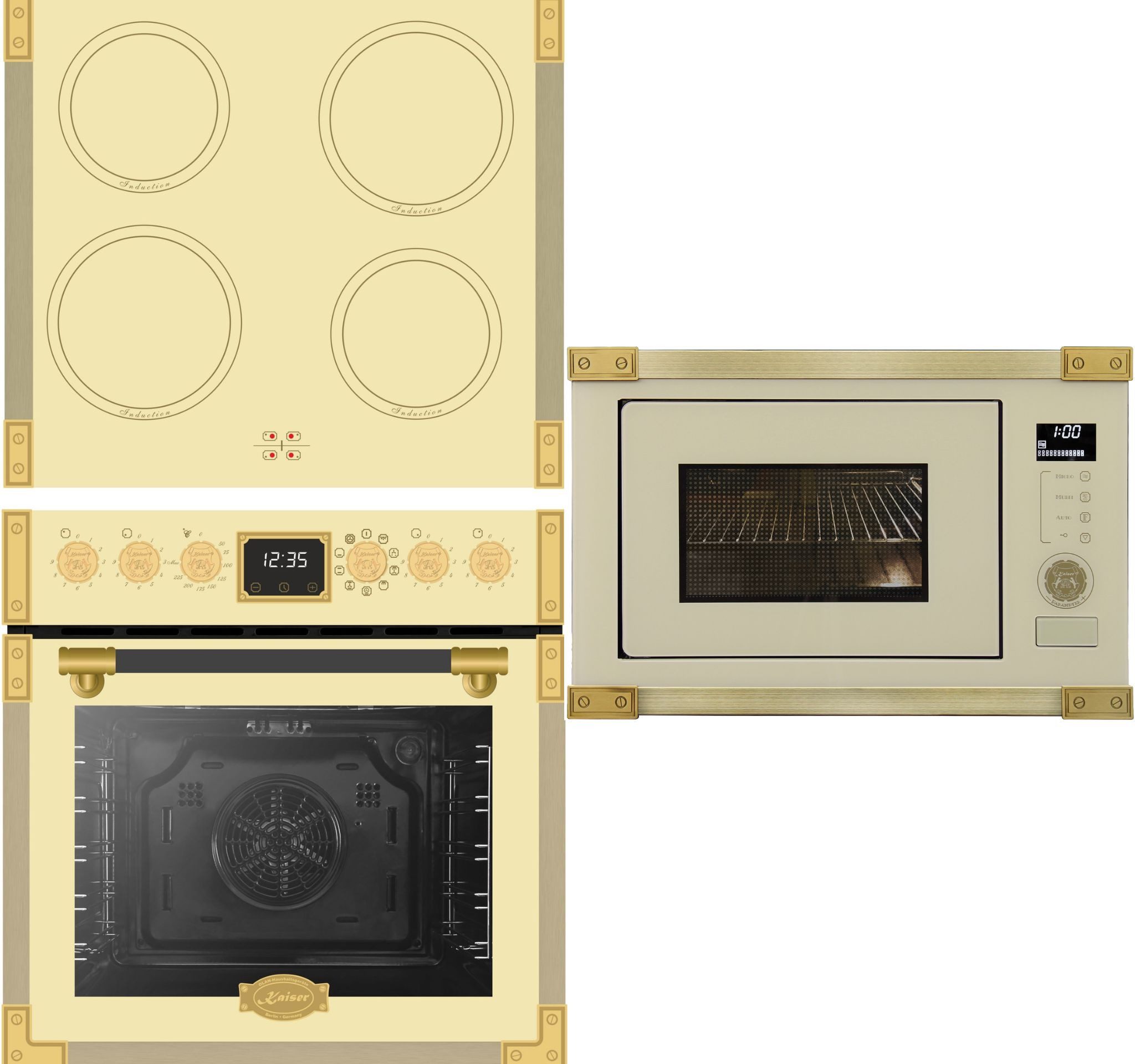 Induktions Herd-Set Retro Herdset Backofen 74 l mit Induktionskochfeld+Einbau-Mikrowelle, 25 l, Retro MIkrowell, 60cm EHC 6776 I ElfAD+EM 2545 ElfAD