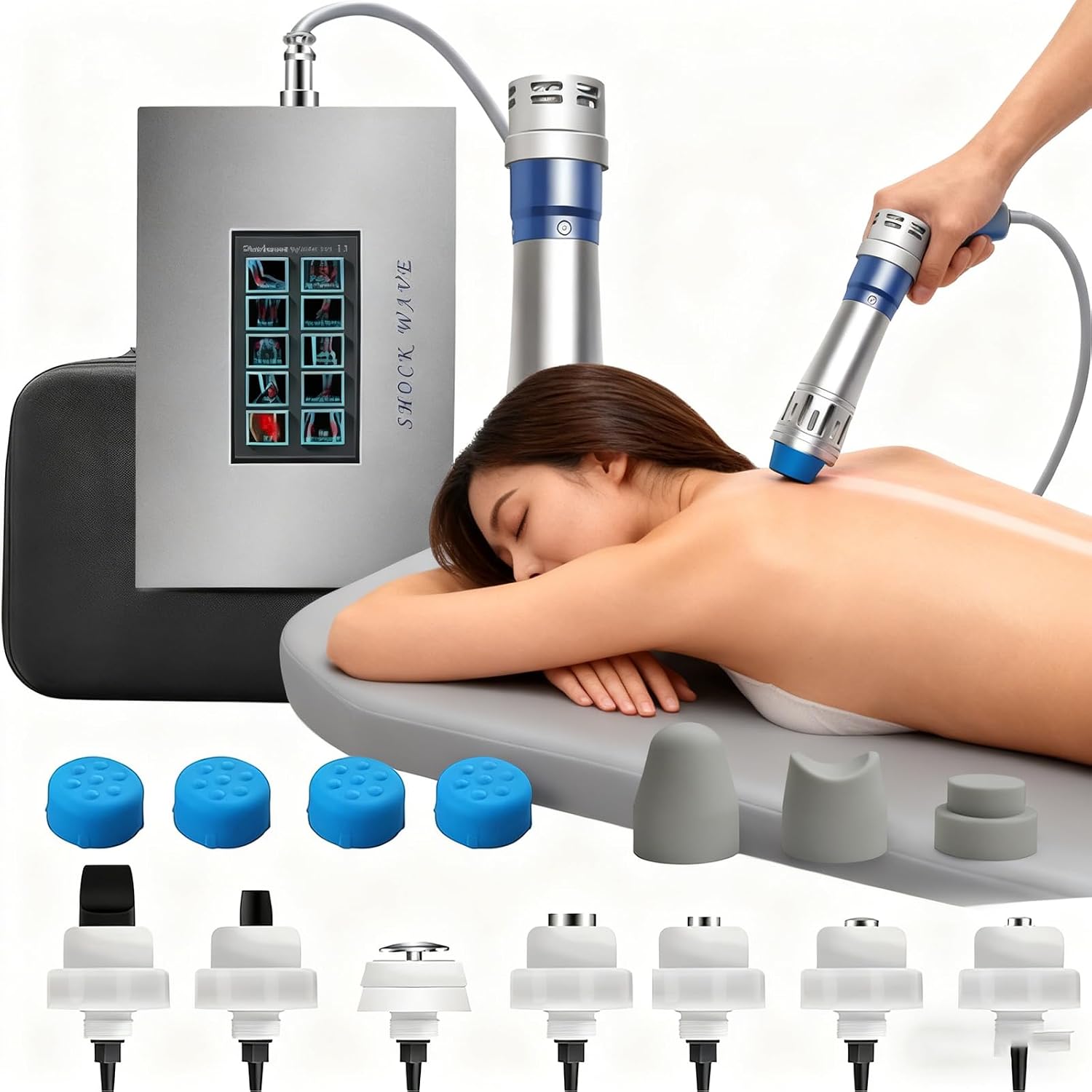 Dispositivo Terapia Onde D'urto Focalizzate, terapia ad onde d'urto extracorporee con 7 testine massaggianti, energia Regolabile 60~200MJ, Fisioterapia Profonda/Addio Sub-Salute