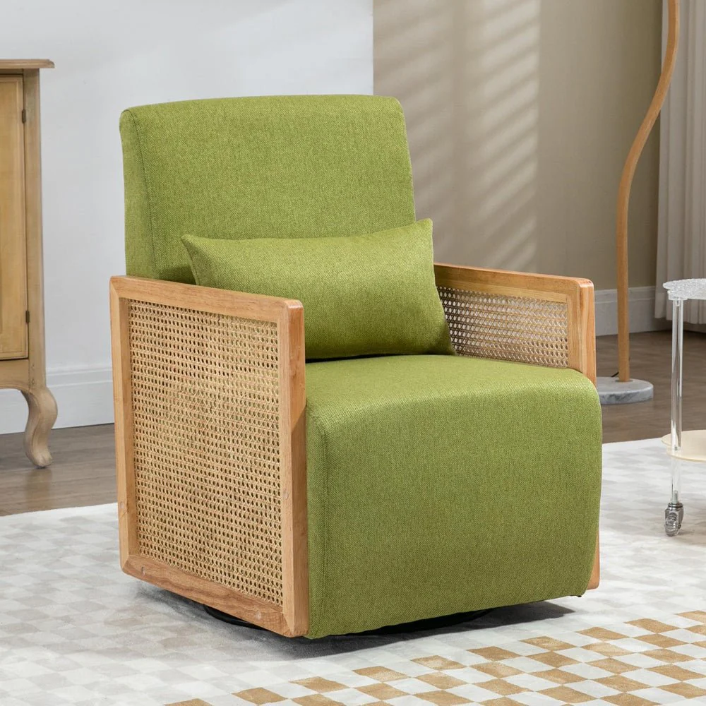 Swivel Sofa Chair with Rattan Armrests and Waist Pillow