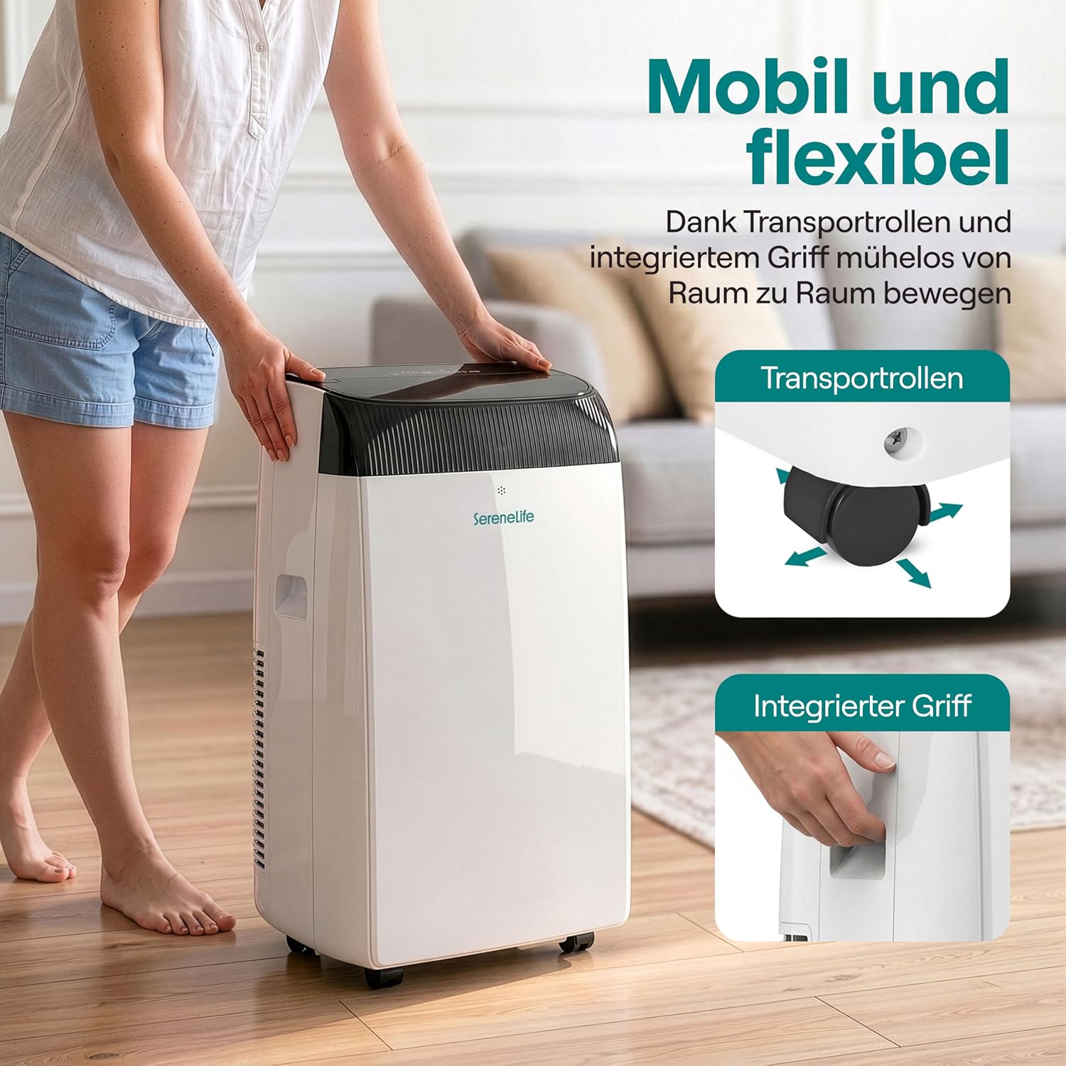 SereneLife Mobile Klimaanlage 12000 BTU, WLAN, 3 in 1 Kühlen Entfeuchten und Ventilieren, Klimagerät mit Abluftschlauch Fensterkit, 3.52kW- Für Räume bis 40 m², Leiser Betrieb, Rollen und Timer