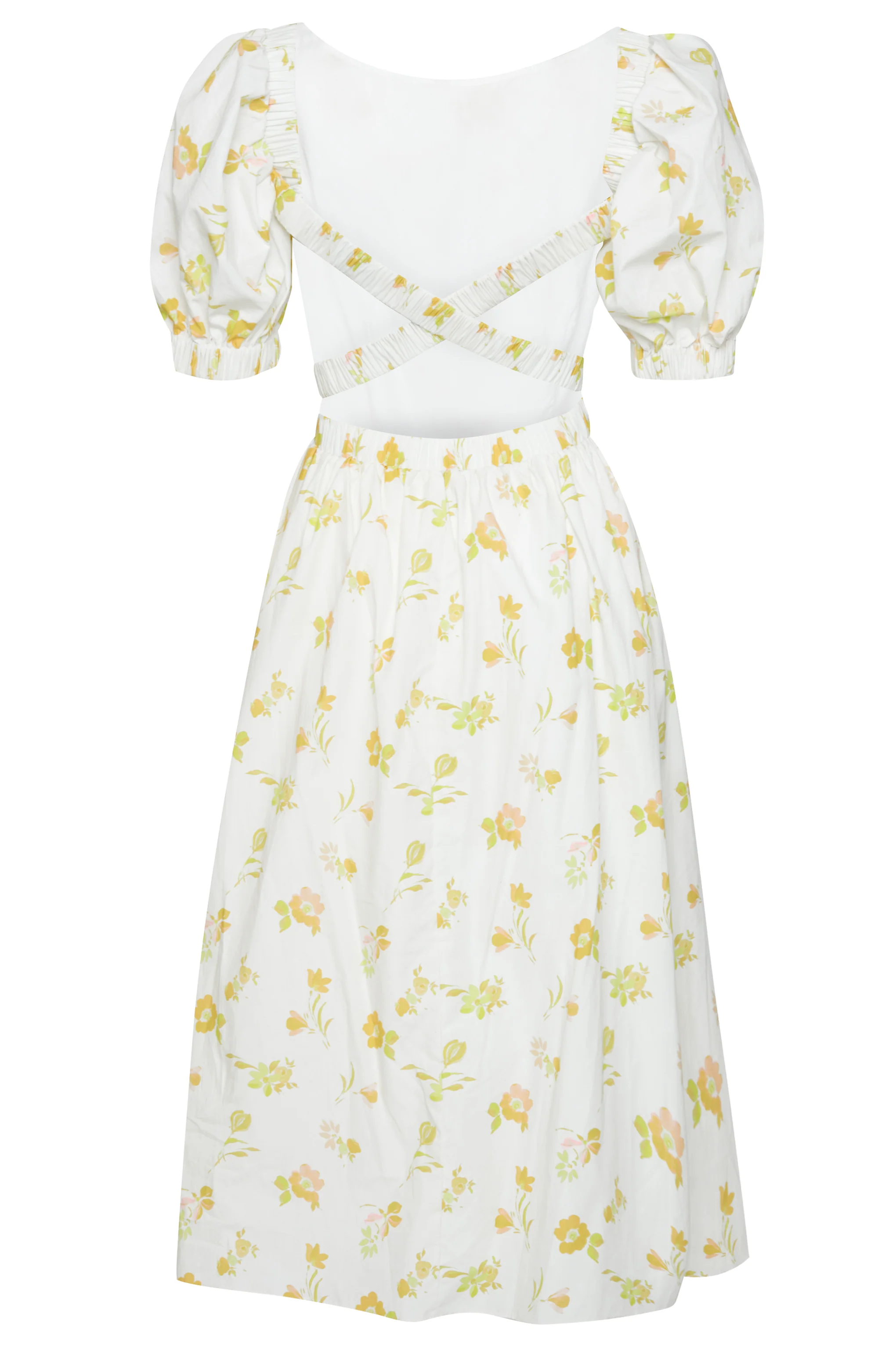 Stella Cream-Yellow-Floral Open Cross-Back Puff-Sleeve Midi-Dress