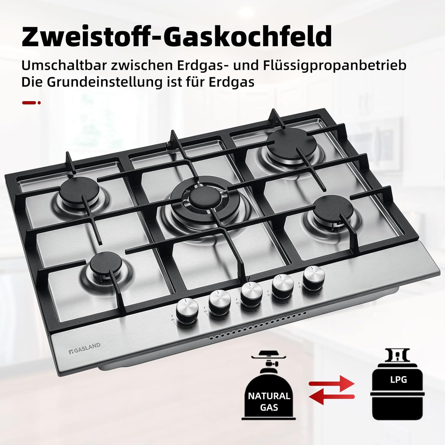 GASLAND GH60SF Einbau Gaskochfeld Edelstahl 4 Flammig, Gas Einbau Autark Gaskochfeld, 8000 W Butan-Gasherd, LPG/Erdgas